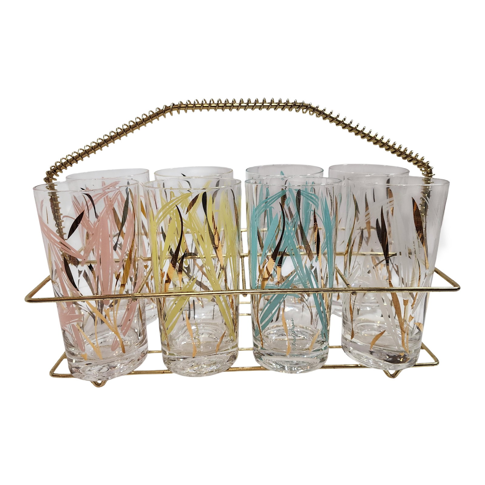 1960s 8 Fred Press m.c.m Highball Glasses in a Brass Caddy: Remarkable condition on this colorful set of mid-century "Grasses" pattern with 24k gold highlights. Complete with original brass caddy. As always, your purchase comes with Free shipping. Condition: