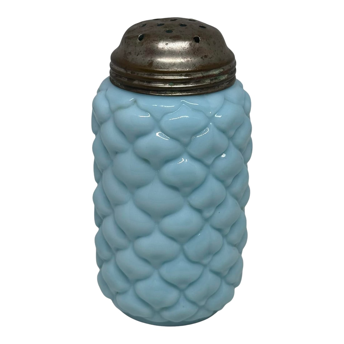 Attributed to Consolidated Glass Eapg Light Blue Opaline Cone/Pineapple Sugar Shaker C1890 Usa: Charming EAPG light blue opaline sugar shaker from the Consolidated Glass Co., featuring the elegant Cone/Pineapple pattern with a soft, translucent charm. Step back into the elegance of the late