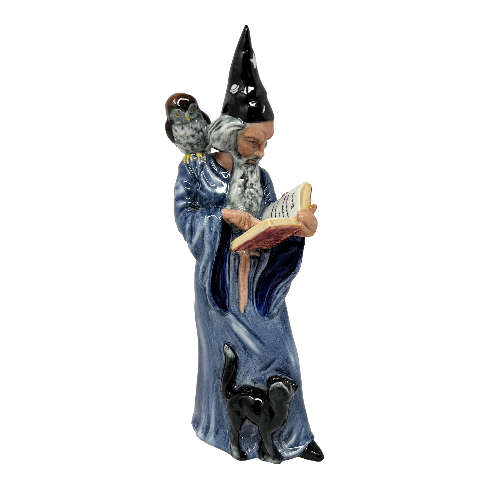 Royal Doulton "The Wizard" Figurine by Michael Cawdell, England, 1980: A sculptural Royal Doulton figurine titled The Wizard, designed by Michael Cawdell and produced in England, dated June 1980. Finely modeled in hand-decorated bone china, the figure depicts a robed wiz