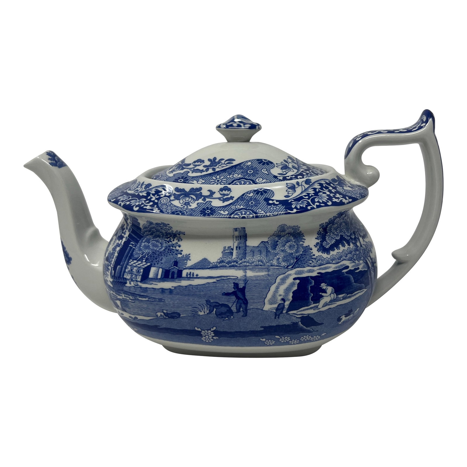 Late 20th Century Spode "Italian" Blue & White Transferware Teapot: A classic blue-and-white Spode "Italian" pattern teapot, made in England and featuring the brand's iconic pastoral landscape design. The rounded pod-form silhouette is accented by a graceful curved