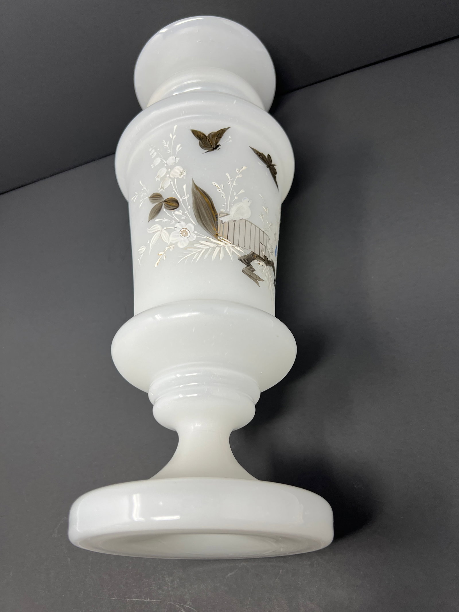 Antique Opaline Milk Glass Vase With Hand Painted Butterflies Circa 1890 - 10