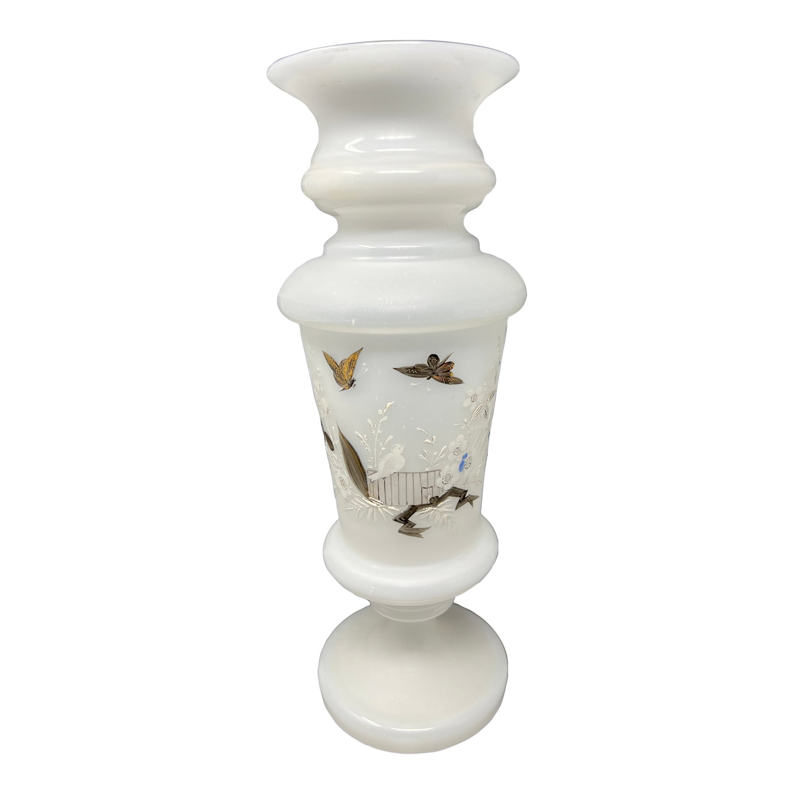 Antique Opaline Milk Glass Vase With Hand Painted Butterflies Circa 1890: An antique milk glass pedestal vase, 14 inches in height, featuring a refined baluster form and hand-painted silver decoration of butterflies and botanical motifs. Produced in the late 19th to early