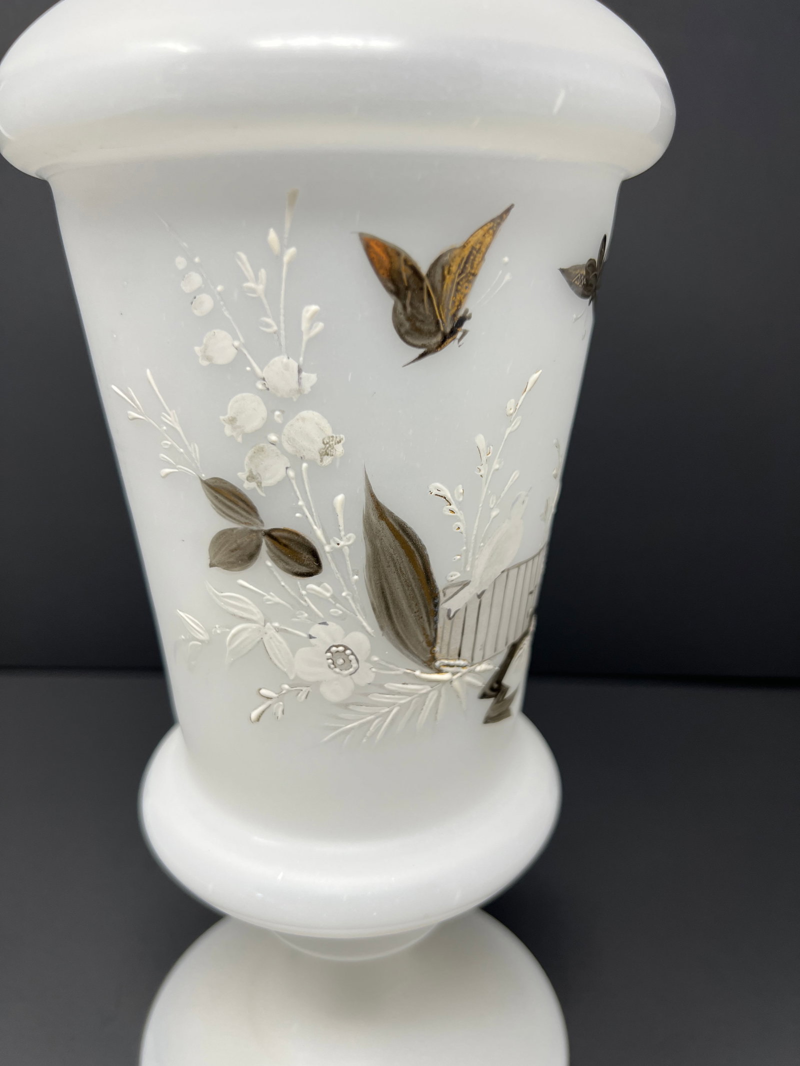 Antique Opaline Milk Glass Vase With Hand Painted Butterflies Circa 1890 - 6