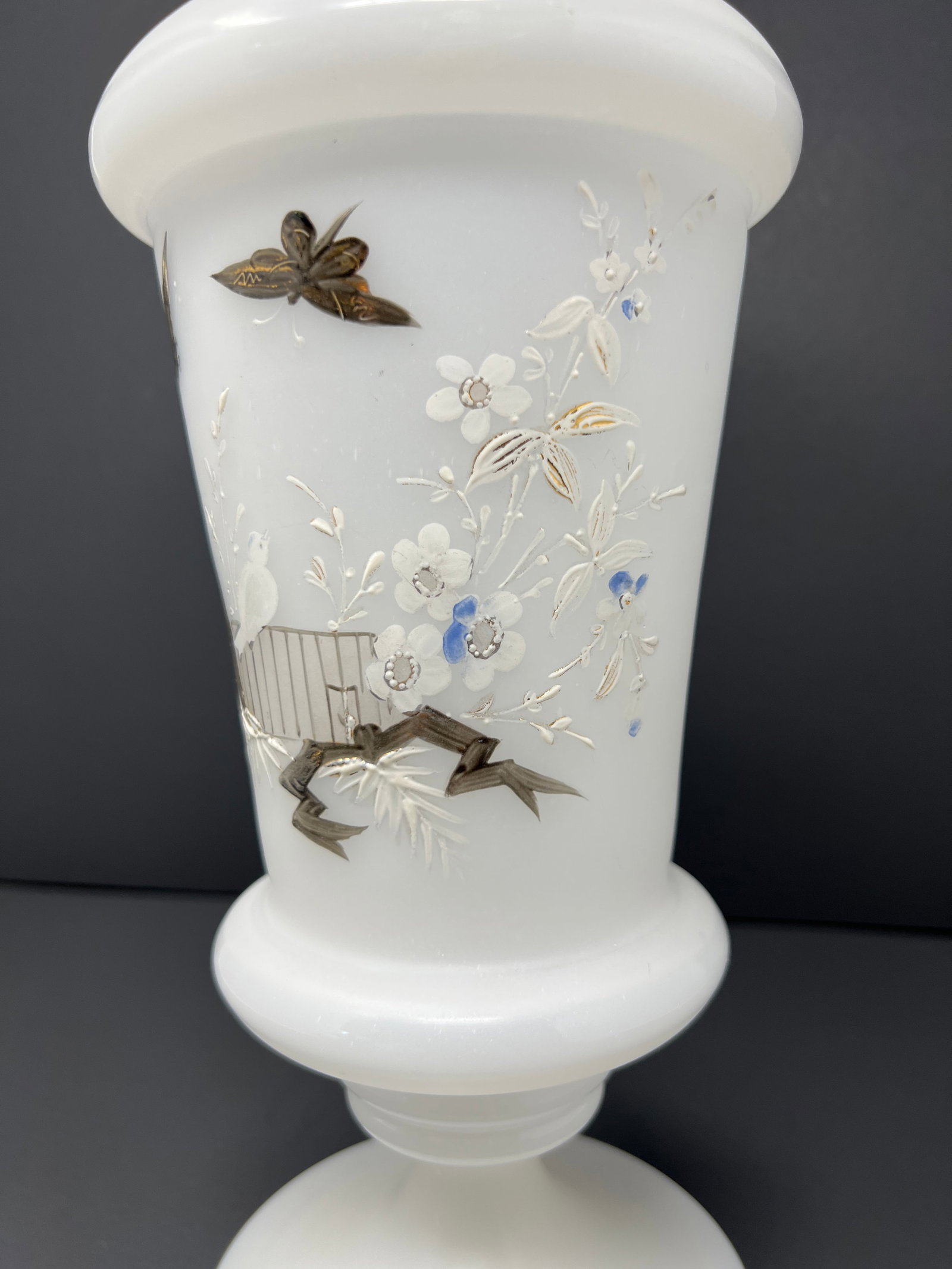 Antique Opaline Milk Glass Vase With Hand Painted Butterflies Circa 1890 - 7