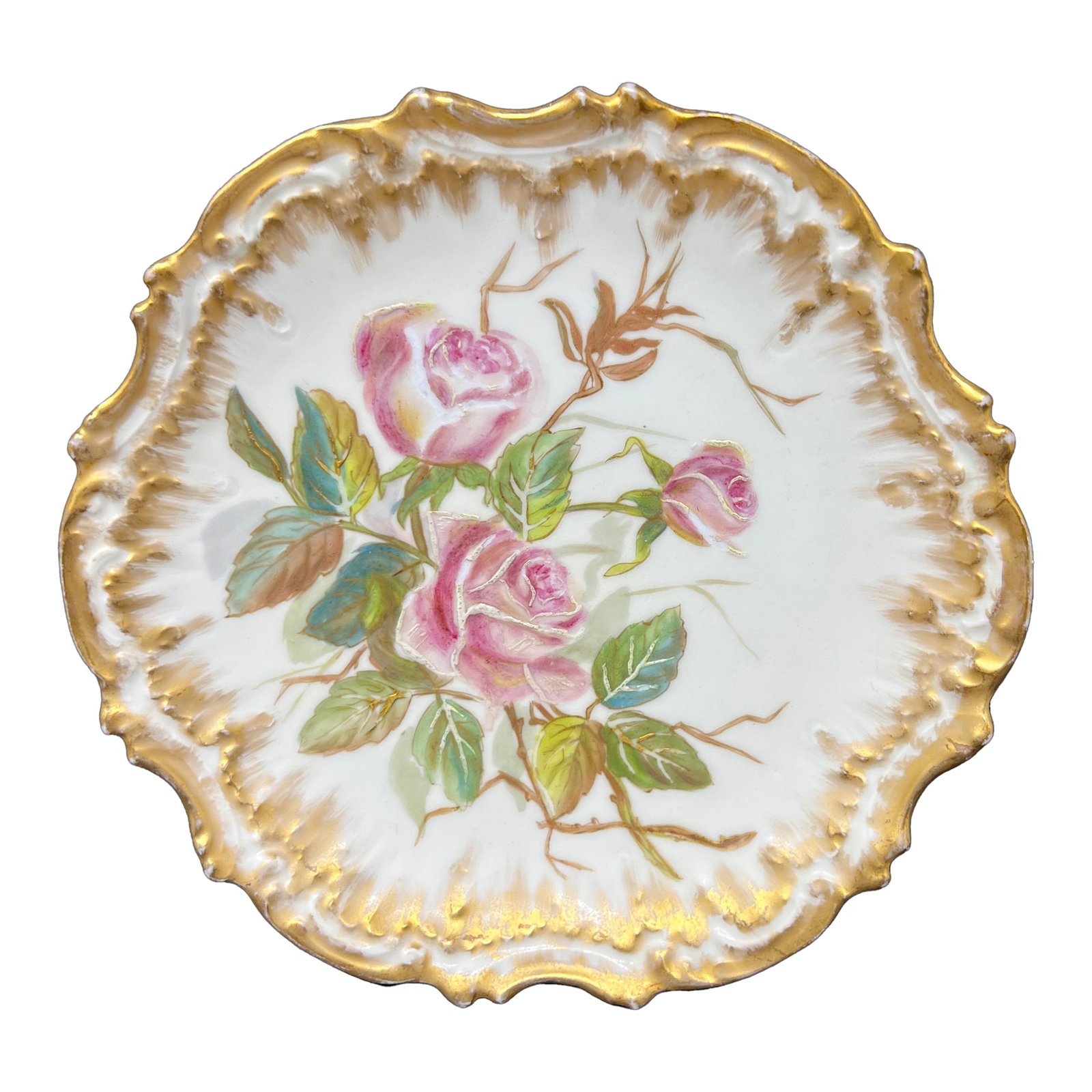 Antique French Limoges Hand Painted Rose Cabinet Plate, Gilt Scalloped Edge, c.1900: A delicate hand-painted Limoges rose plate from turn-of-the-century France, perfect for bringing a soft Parisian romance to a wall or shelf. This beautiful antique Limoges porcelain cabinet plate feat
