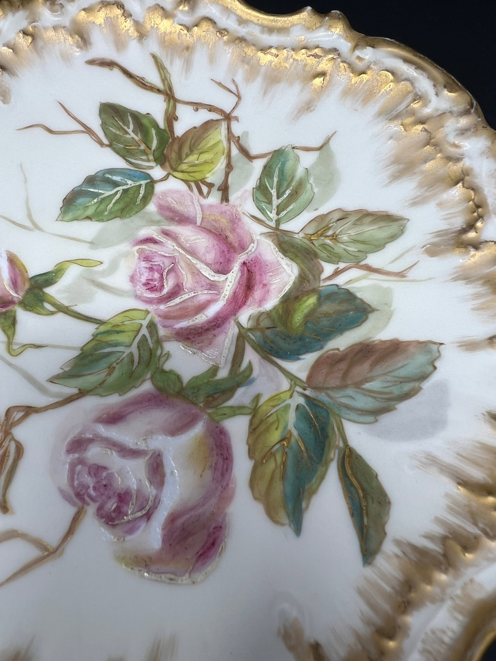 Antique French Limoges Hand Painted Rose Cabinet Plate, Gilt Scalloped Edge, c.1900 - 4
