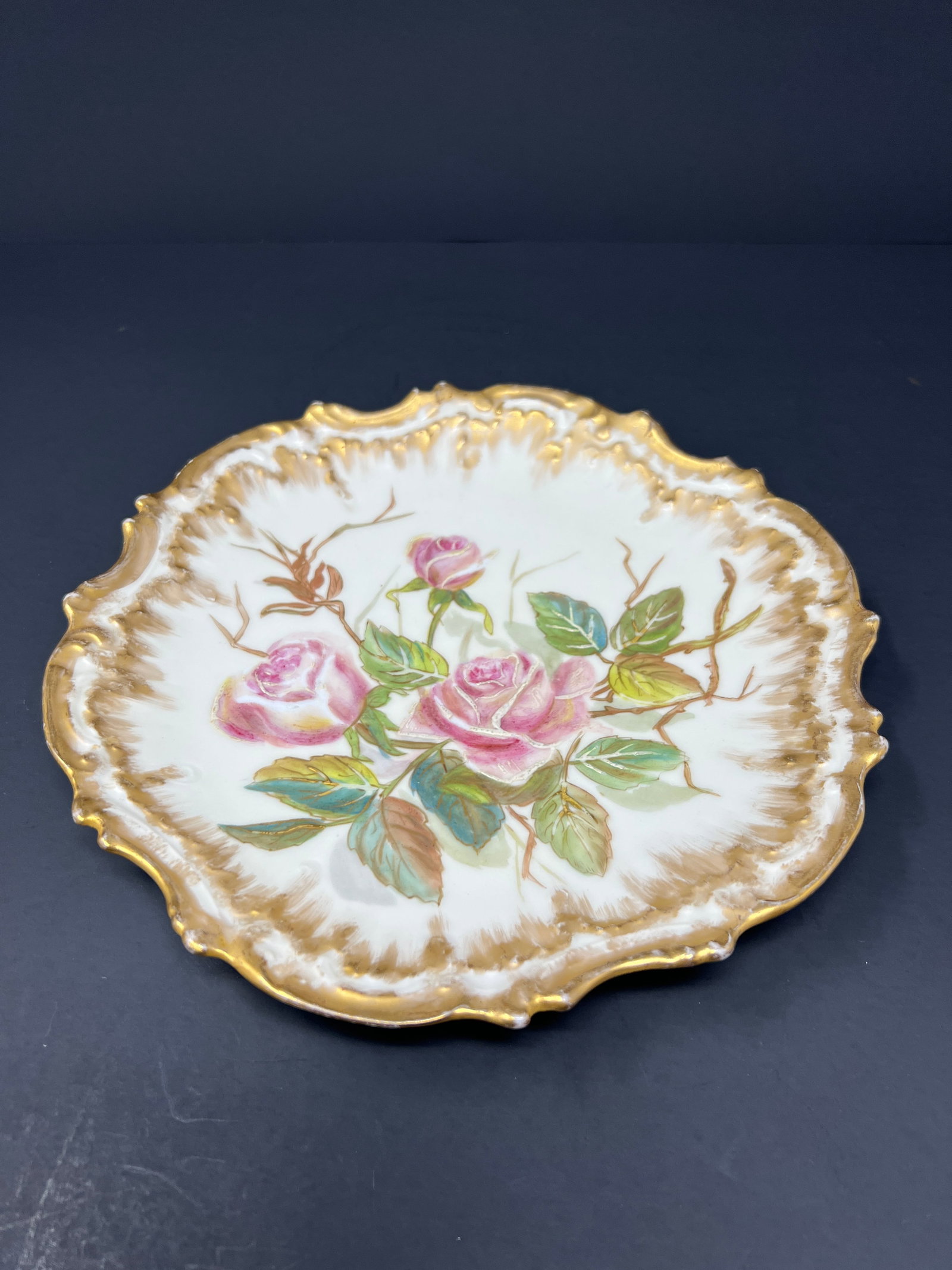 Antique French Limoges Hand Painted Rose Cabinet Plate, Gilt Scalloped Edge, c.1900 - 5