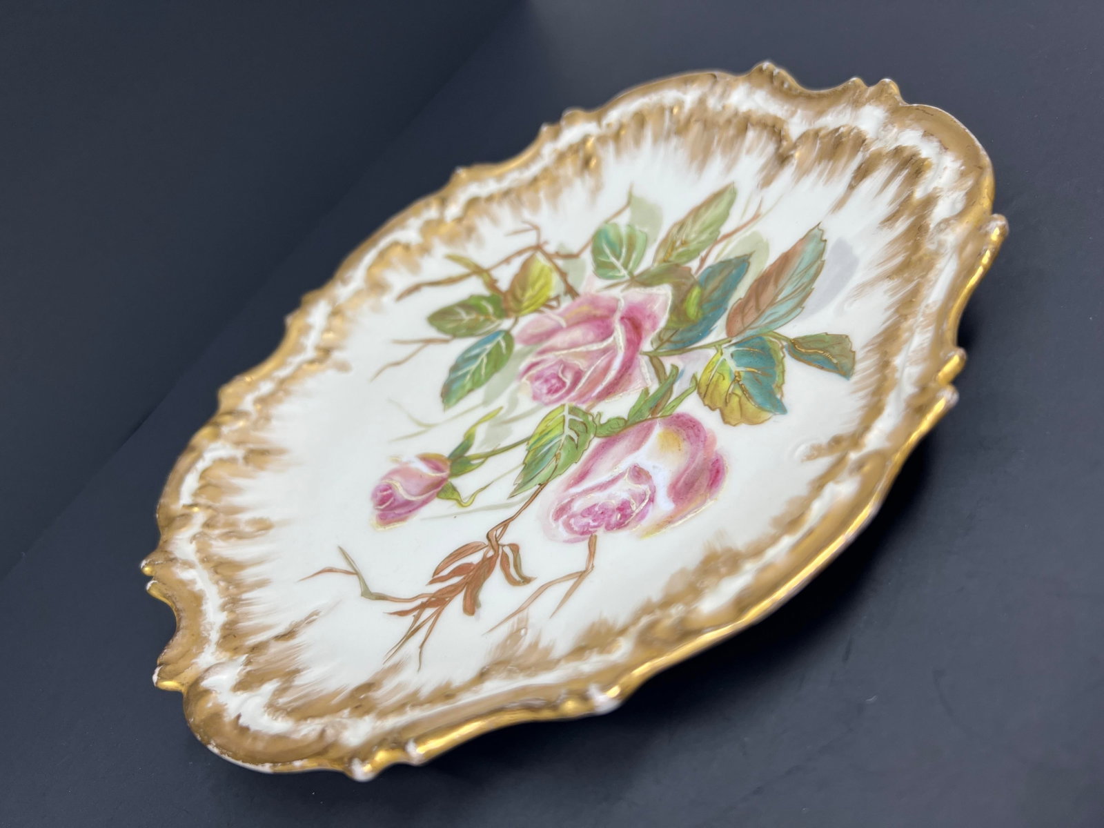 Antique French Limoges Hand Painted Rose Cabinet Plate, Gilt Scalloped Edge, c.1900 - 6
