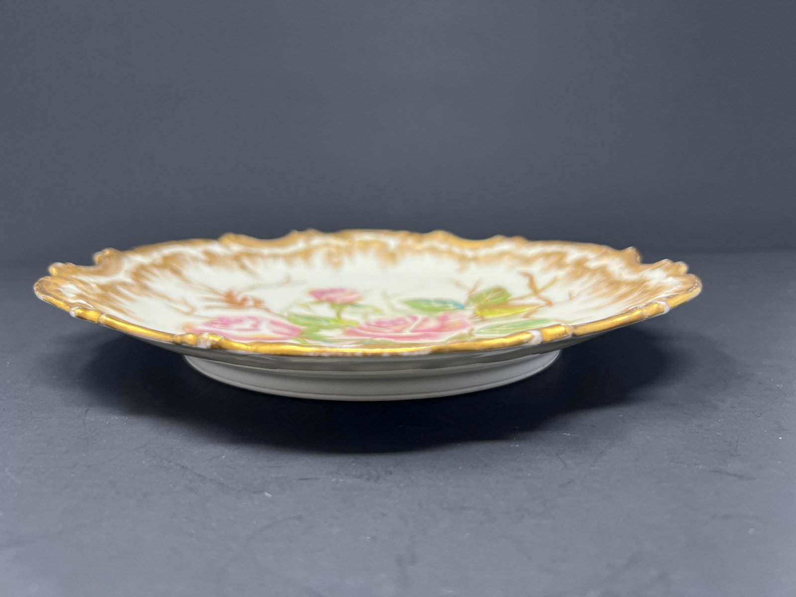 Antique French Limoges Hand Painted Rose Cabinet Plate, Gilt Scalloped Edge, c.1900 - 7