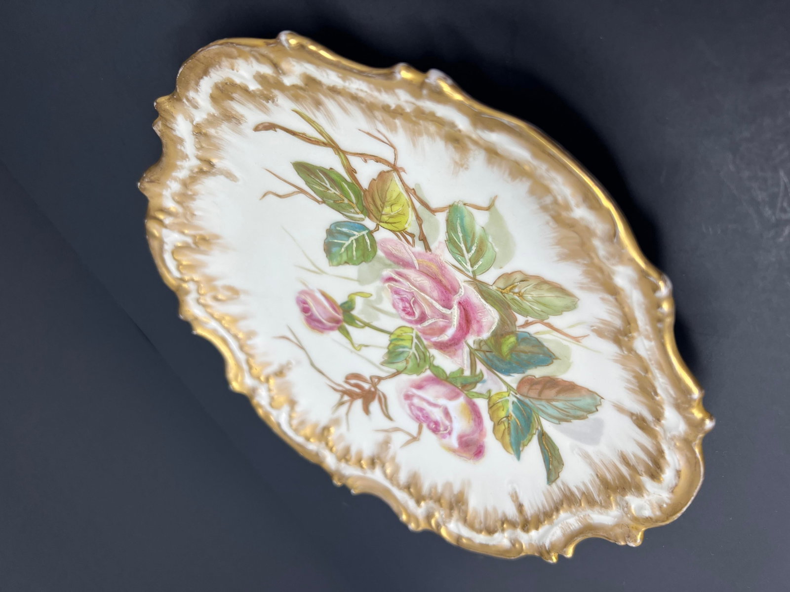 Antique French Limoges Hand Painted Rose Cabinet Plate, Gilt Scalloped Edge, c.1900 - 8