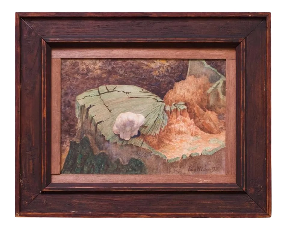 Parker Panttila Nature Study Watercolor: Parker Panttila (Brooklyn, New York 1924-2002) watercolor still life of a forest tableau in attractive earth tones. The subject appears to be a partial tree trunk covered in moss and fungi. Along