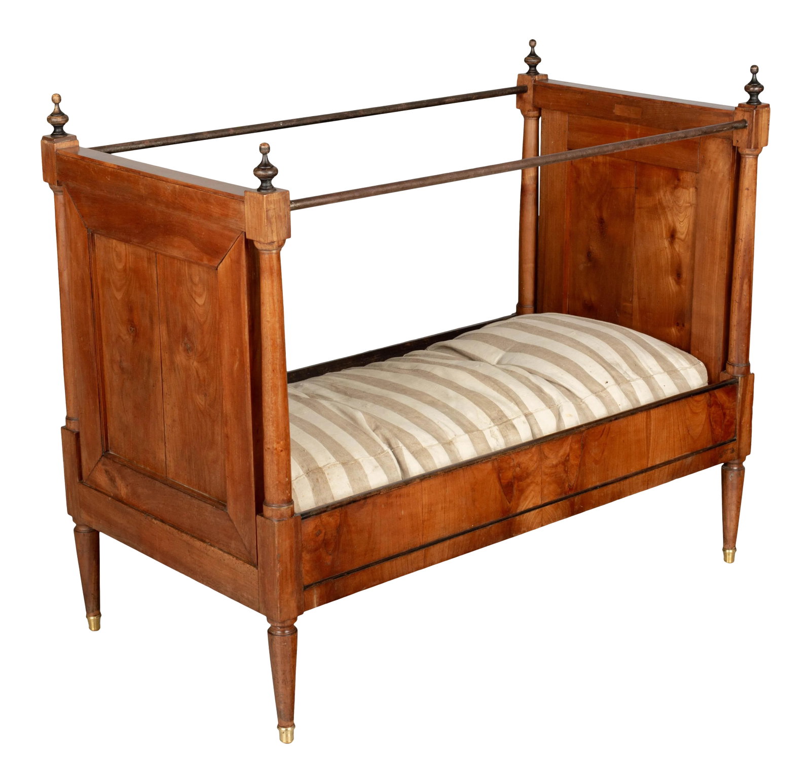 19th Century Napoleon III Child's Bed, Solid Cherry Wood, Hand-Crafted: A 19th century French Napoleon III Period child's bed made of solid cherry wood, with column form supports and iron curtain rails. Beautiful book matched wood panels and side rails with ebonized trim.