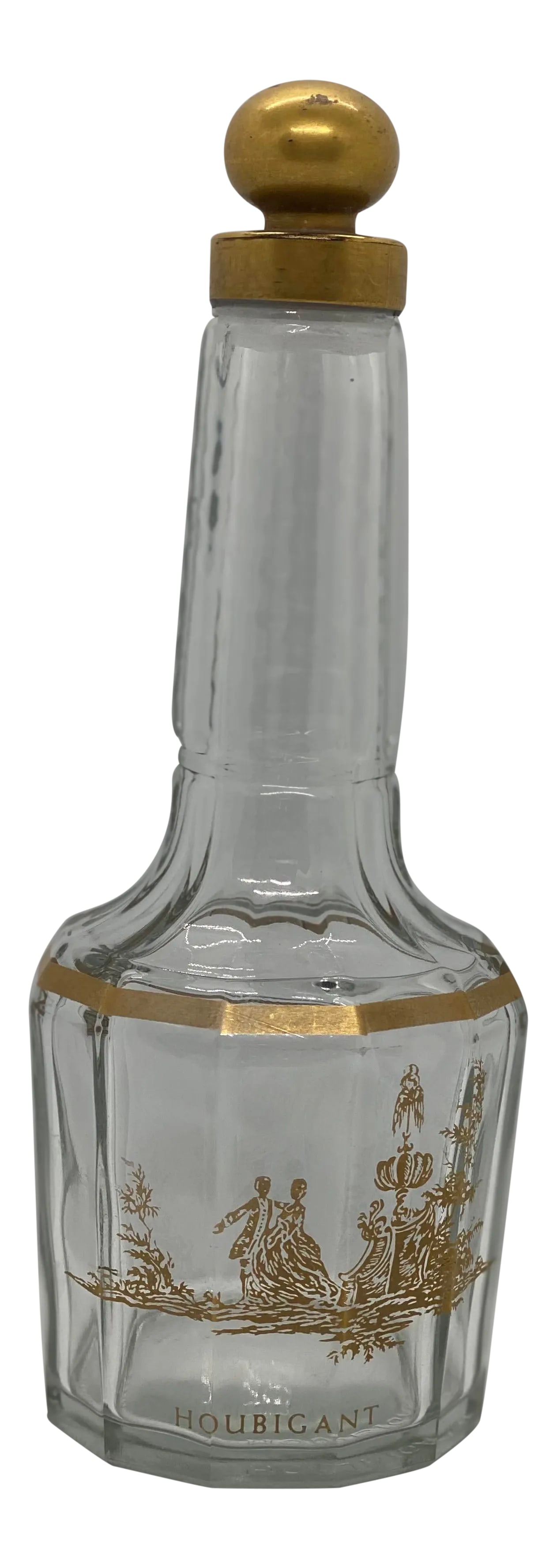 1920s French Houbigant Paris Faceted Glass Perfume Bottle With Glass Stopper: Beautiful 1920's French Houbigant Paris Faceted Glass Perfume Bottle With Glass Stopper. This lovely bottle is in very good condition with minor scratches on the stopper and along the bottom edge of