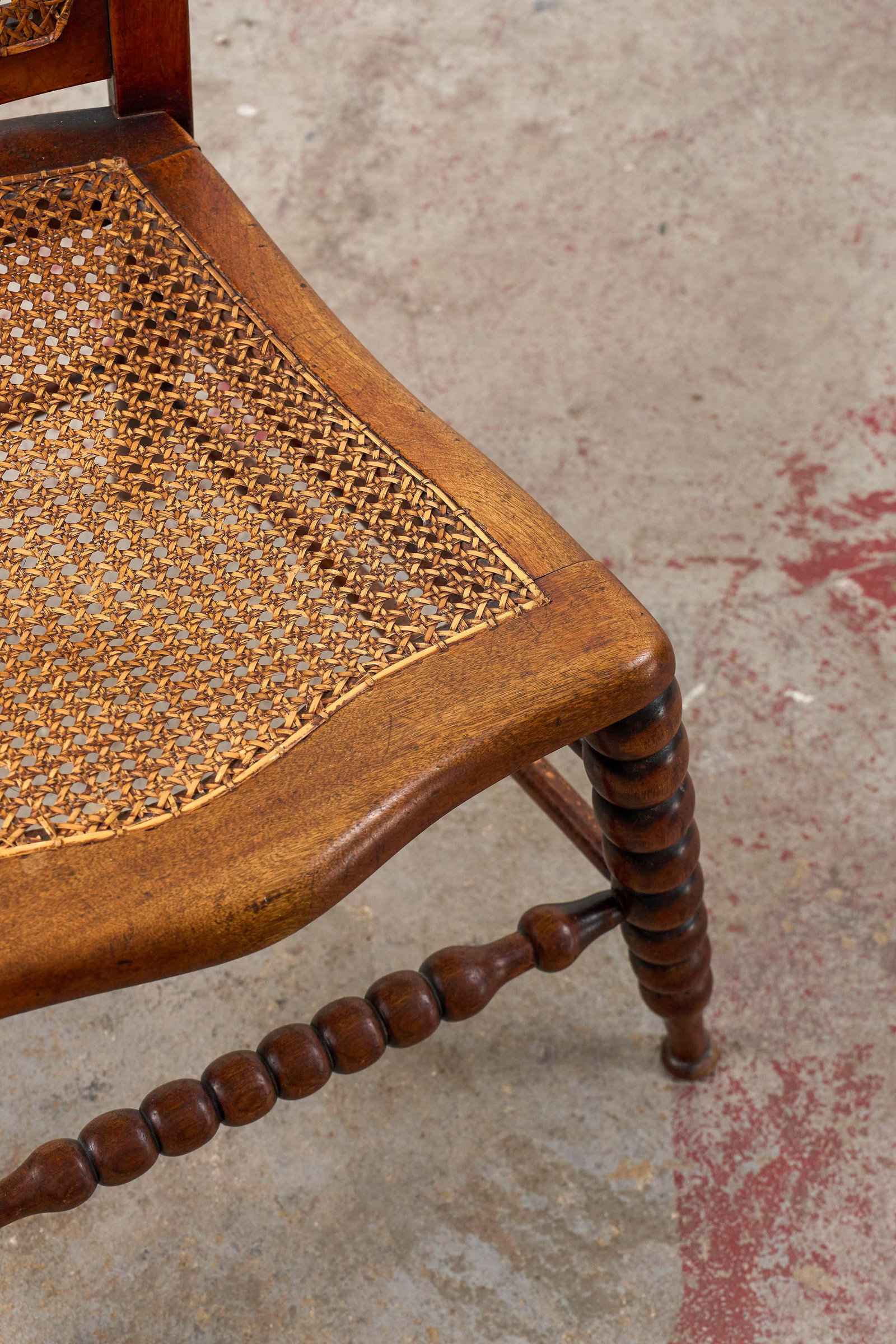 Antique Petite Walnut Accent/ Nursing Chair With Hand-Tied Cane Seat + Back With Bobbin Legs - 10