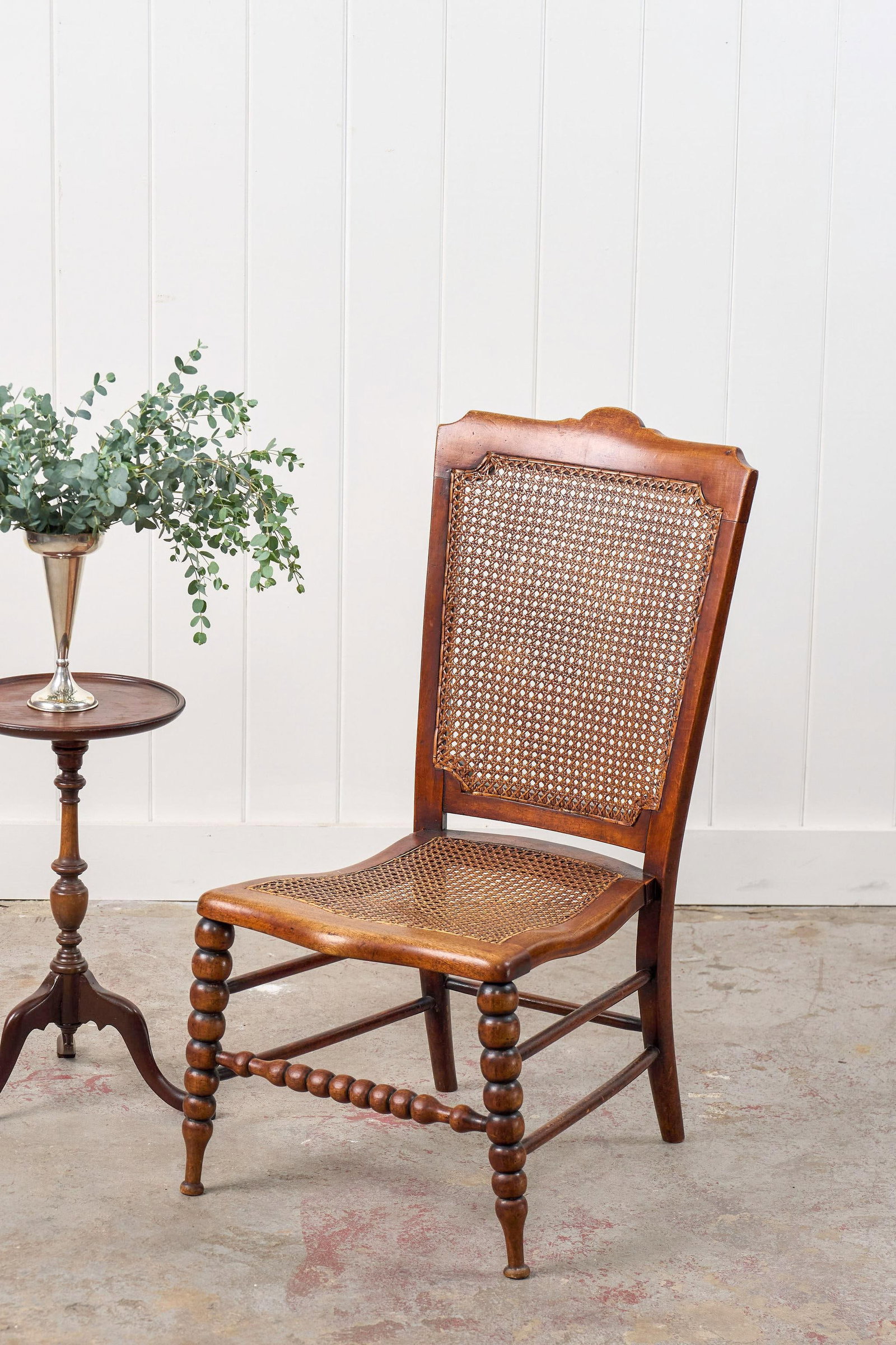 Antique Petite Walnut Accent/ Nursing Chair With Hand-Tied Cane Seat + Back With Bobbin Legs - 2