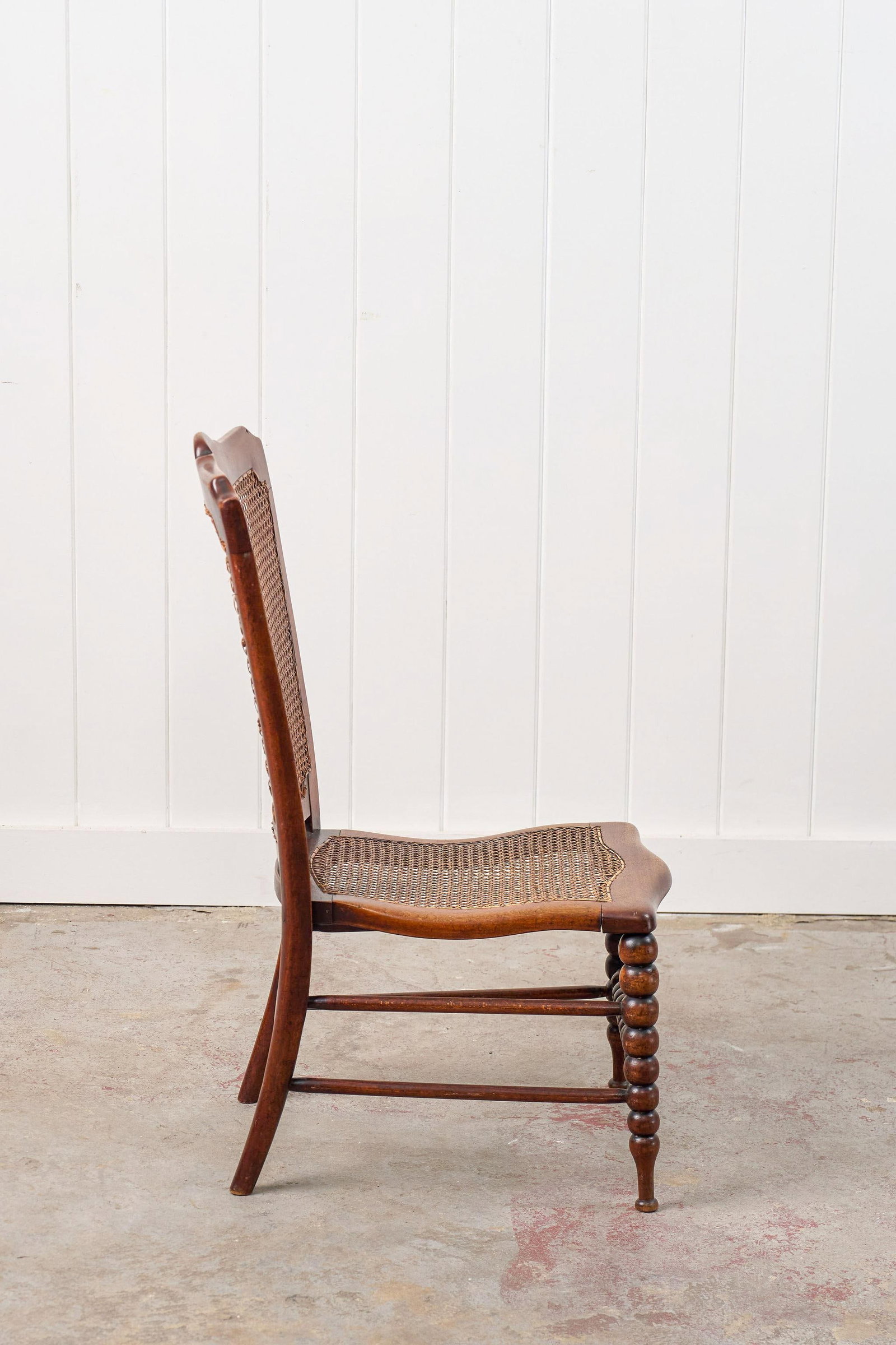 Antique Petite Walnut Accent/ Nursing Chair With Hand-Tied Cane Seat + Back With Bobbin Legs - 3