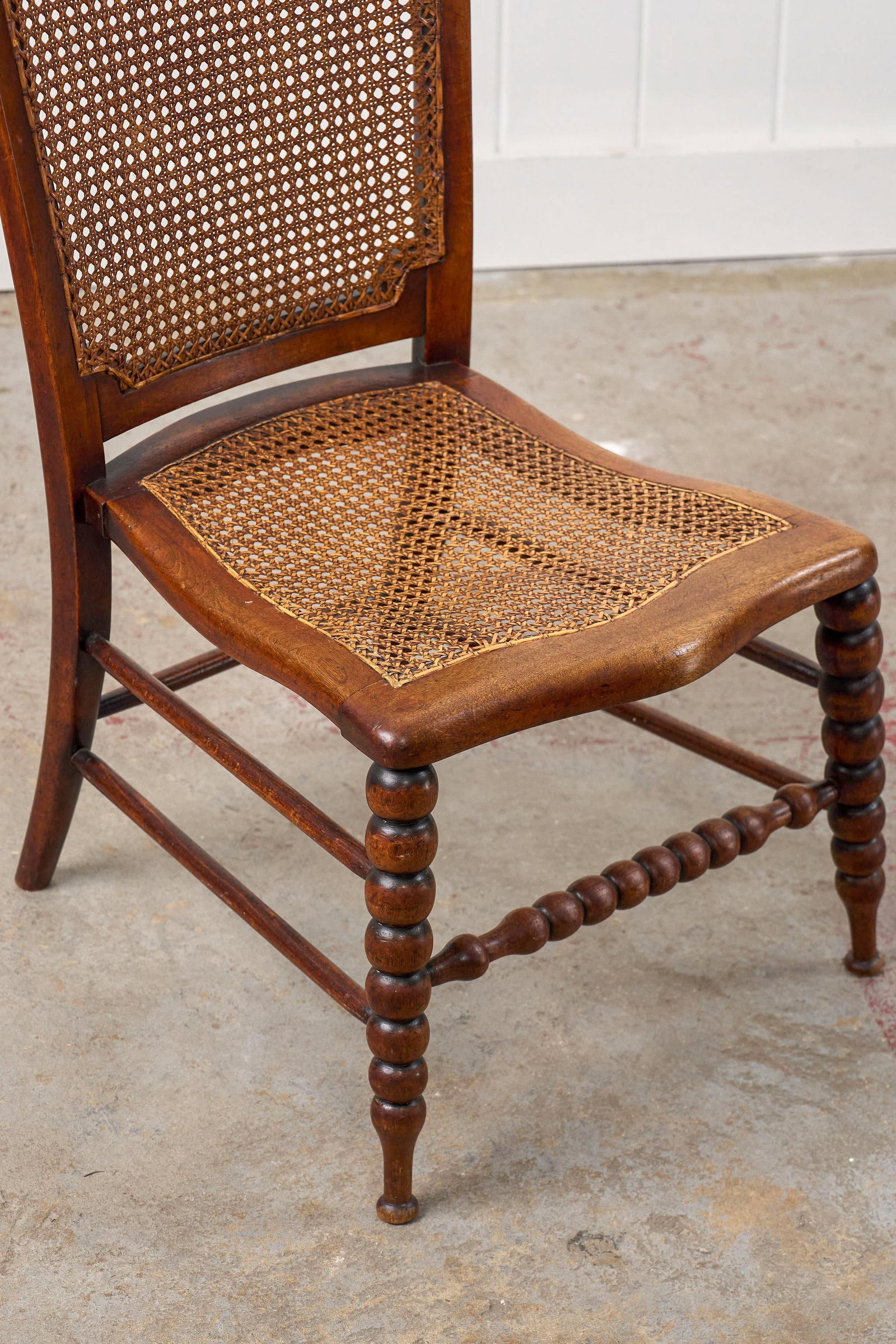 Antique Petite Walnut Accent/ Nursing Chair With Hand-Tied Cane Seat + Back With Bobbin Legs - 6