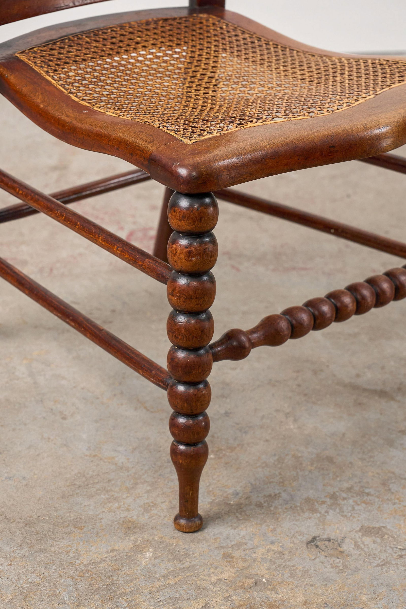 Antique Petite Walnut Accent/ Nursing Chair With Hand-Tied Cane Seat + Back With Bobbin Legs - 9