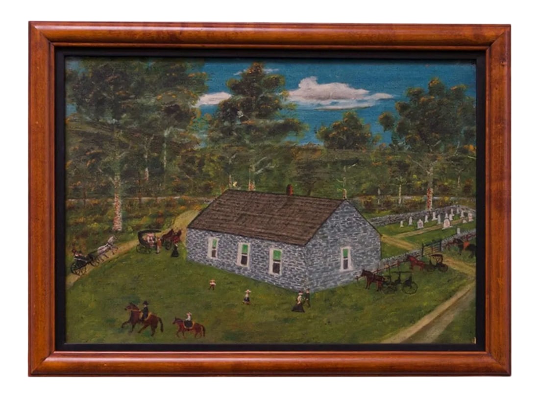 Harvey Milligan Amish Farmhouse Pastoral Scene Oil on Canvas: Americana Amish "farmhouse" oil painting by Harvey Milligan, circa 1950s. Charming character scale and composition (figures are very small). Although naive / primitive in aesthetic, clearly the work