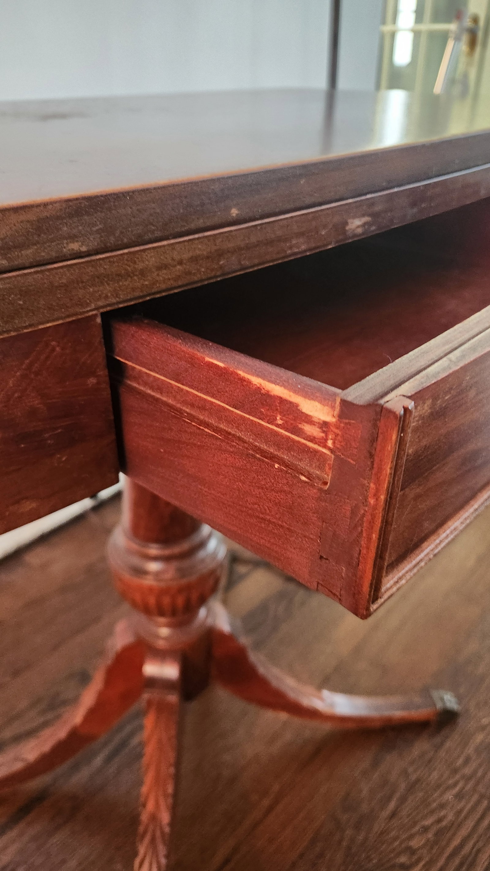 Antique Mahogany Entrance Table Convertible Game Table With Drawer & Carved Pedestal Base - 11