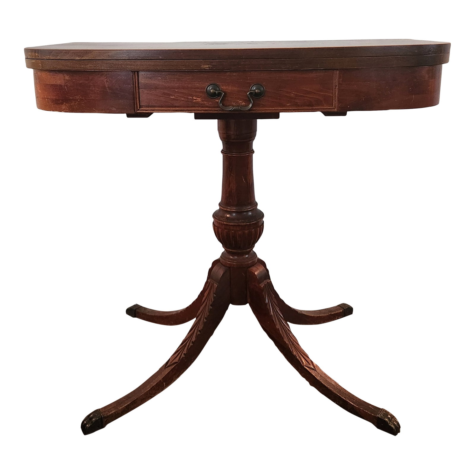 Antique Mahogany Entrance Table Convertible Game Table With Drawer & Carved Pedestal Base (1 of 14)
