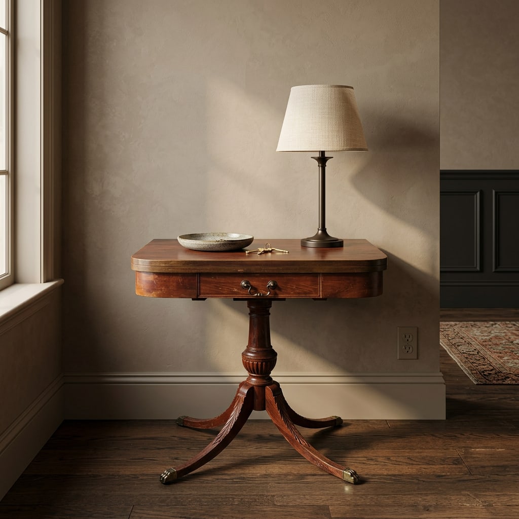 Antique Mahogany Entrance Table Convertible Game Table With Drawer & Carved Pedestal Base - 2