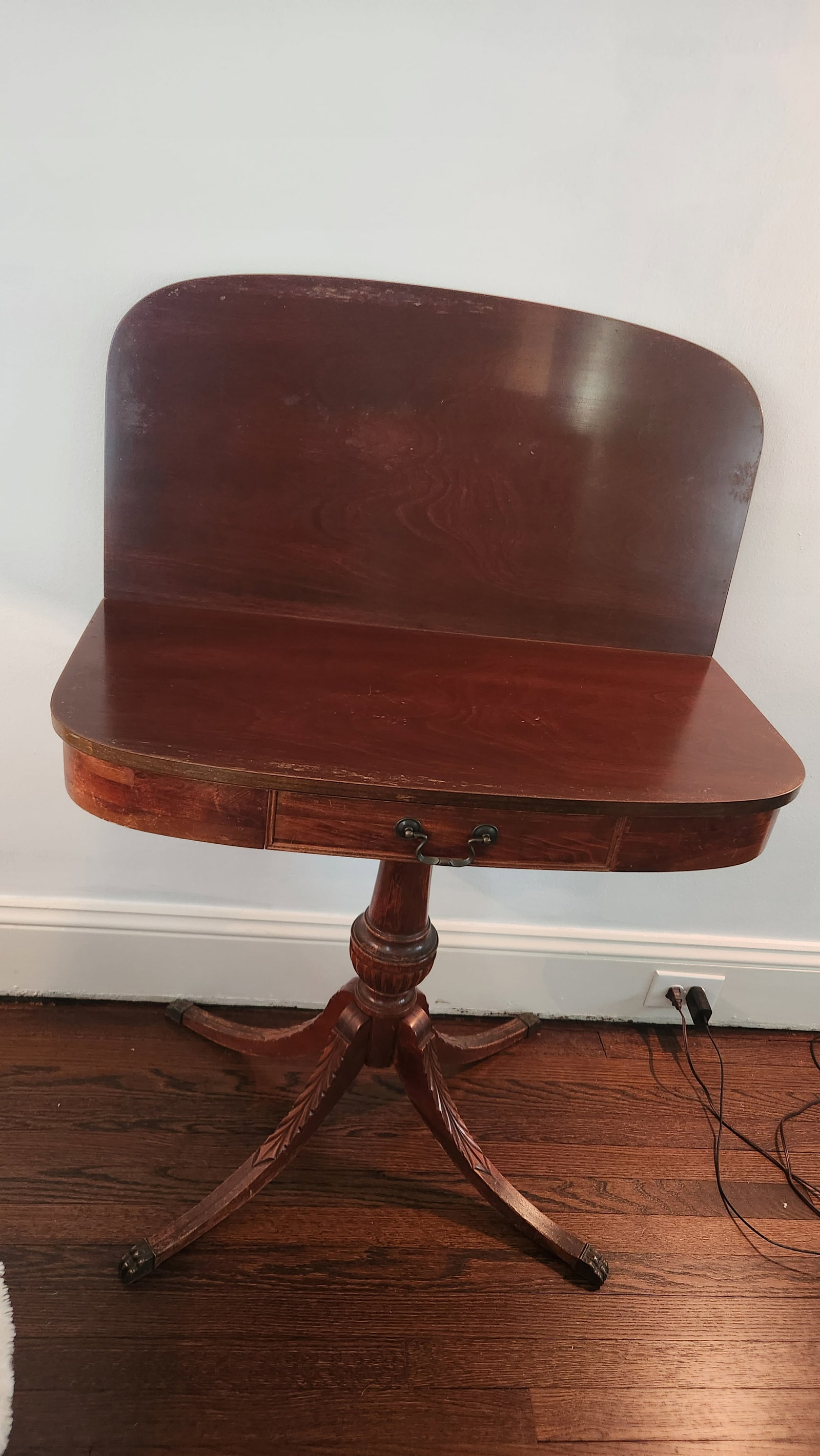 Antique Mahogany Entrance Table Convertible Game Table With Drawer & Carved Pedestal Base - 3