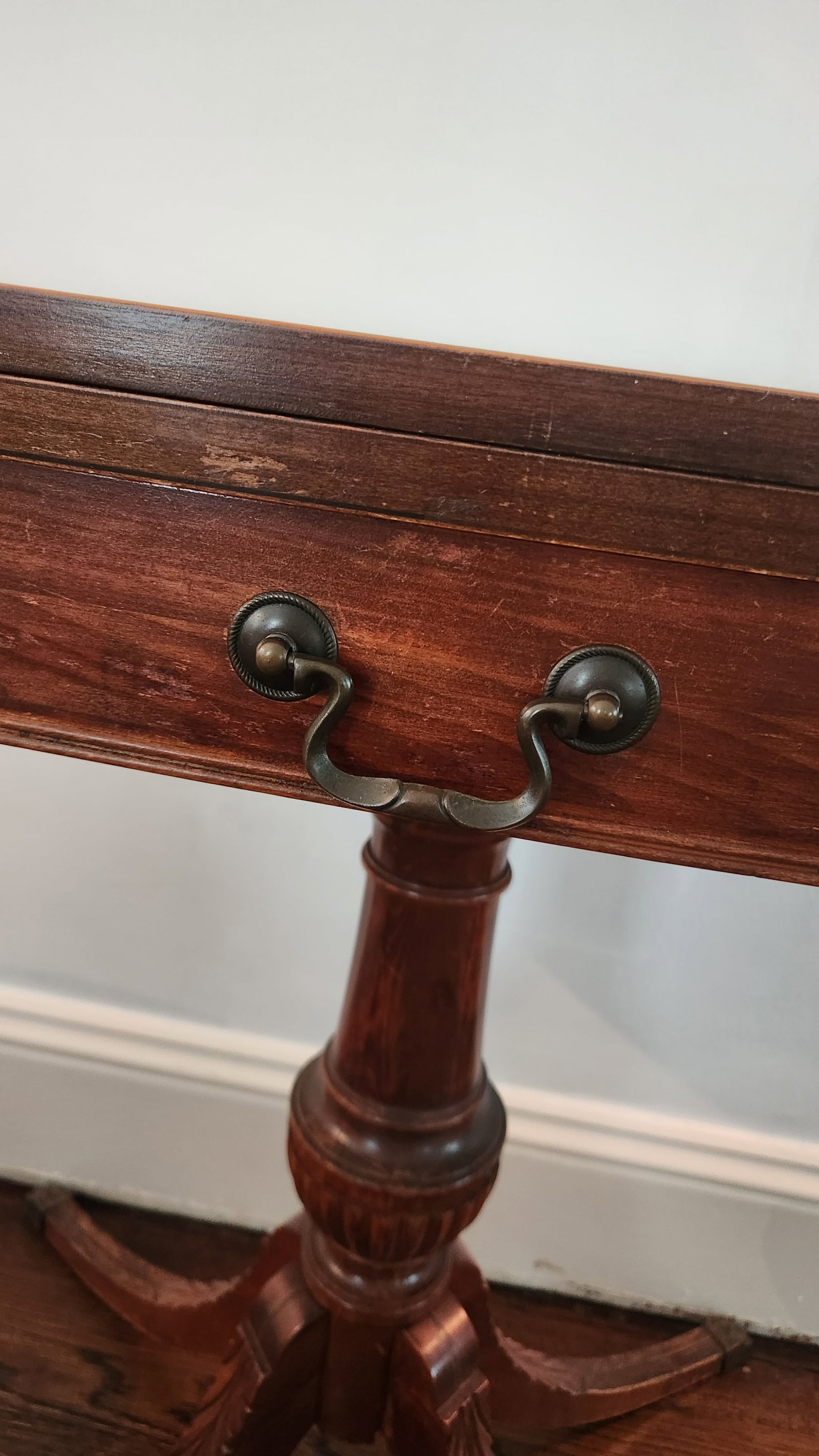 Antique Mahogany Entrance Table Convertible Game Table With Drawer & Carved Pedestal Base - 4
