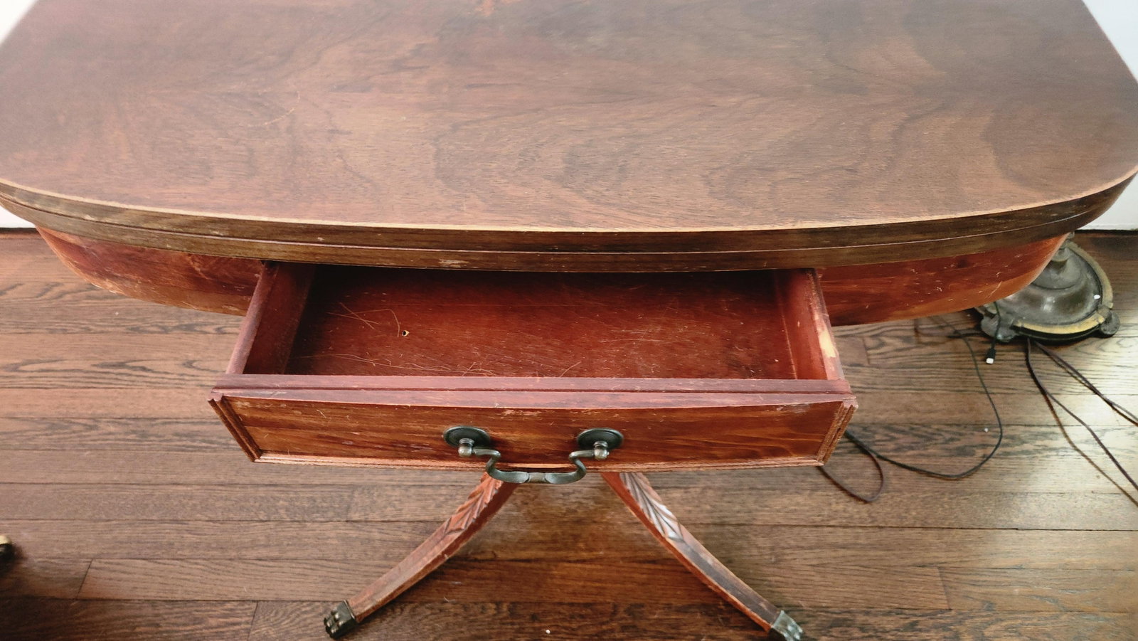 Antique Mahogany Entrance Table Convertible Game Table With Drawer & Carved Pedestal Base - 7