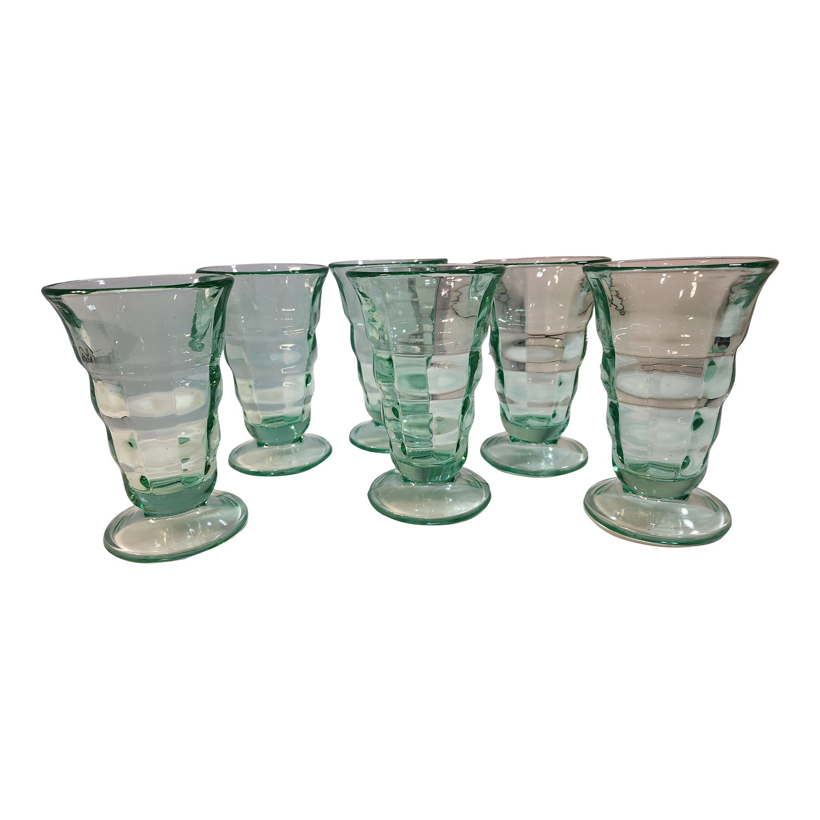 1930s Uranium Ice Cream Float Glasses - Set of 6: This set looks brand new even though it is almost 100 years old. You wont find a nicer set of these Paden city Milkshake glasses out there. No chips or cracks found.. We will ship this out to you for 