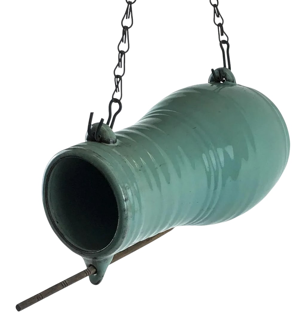 Vintage Artisan Hand Thrown Pottery Hanging Birdhouse: Unique and rare artisan Hand Turned pottery hanging bird house. Complete with a chain and wood perch. This beauty is made of turquoise glazed pottery and has beautiful details. In perfect condition. C