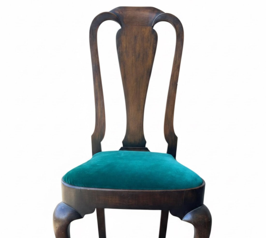Vintage Queen Anne Dining Chairs - Emerald Velvet - Set of 6 - 3