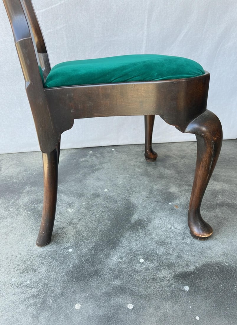 Vintage Queen Anne Dining Chairs - Emerald Velvet - Set of 6 - 6