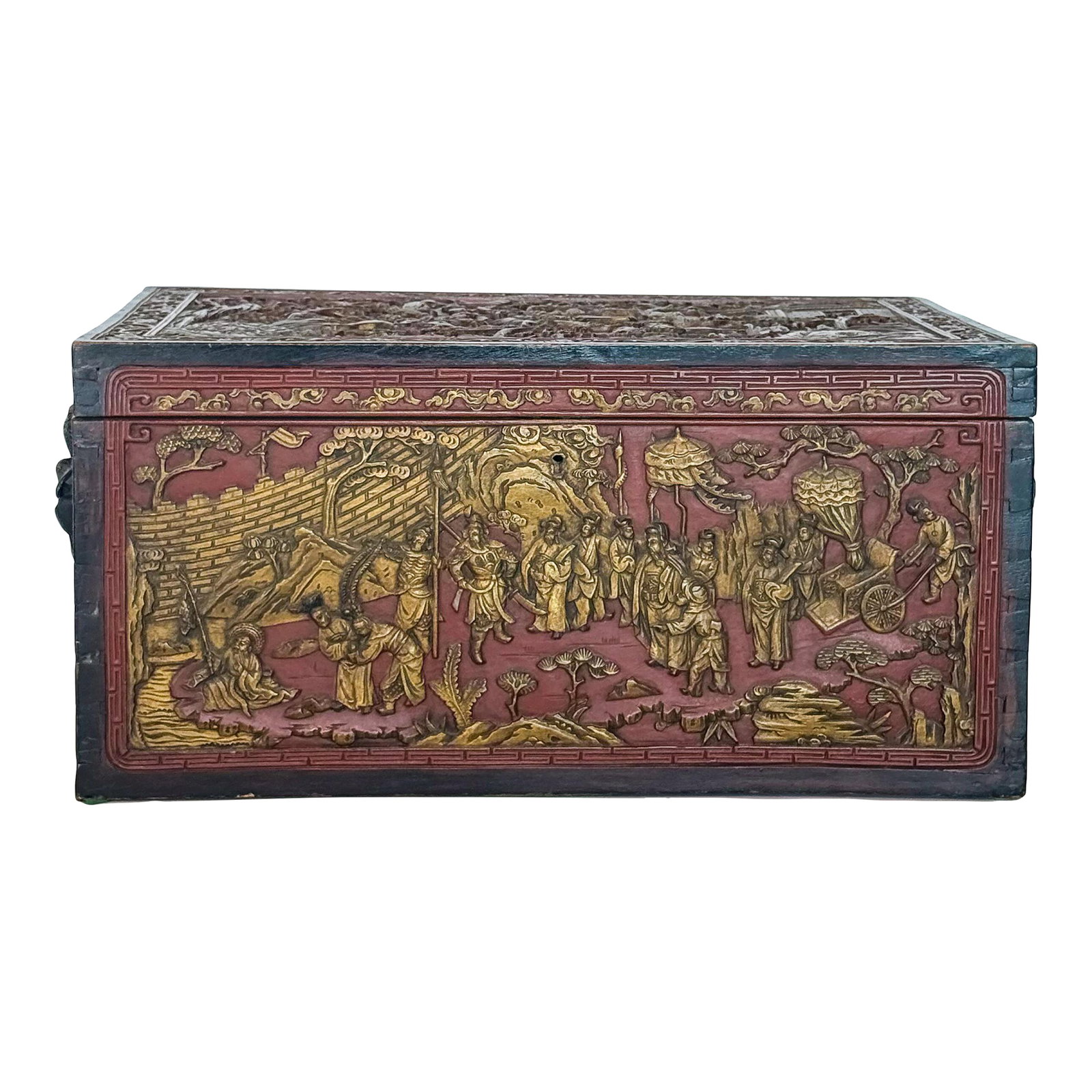 Mid 20th Century Chinese Camphor Wooden Chest: Camphor wood chests were primarily used in China for storing valuables. The red lacquer, along with the gold accents, symbolizes prosperity and good fortune in Chinese culture. This is truly a stateme