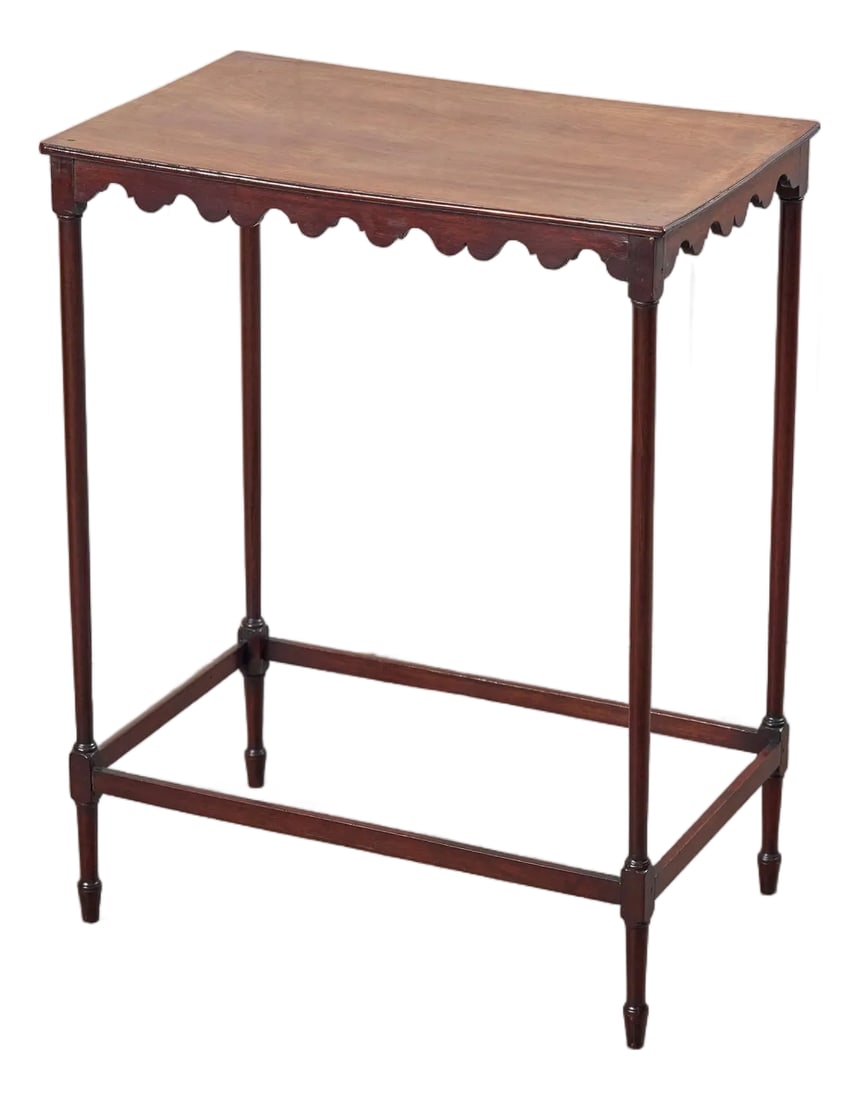 Late 18th Century Georgian Mahogany Spider Table: This Georgian Mahogany Spider Table features a scalloped Apron and stunning legs. Condition: Alterations: Original Condition Unaltered Imperfections: Some Imperfections Condition Notes: Patina and sig