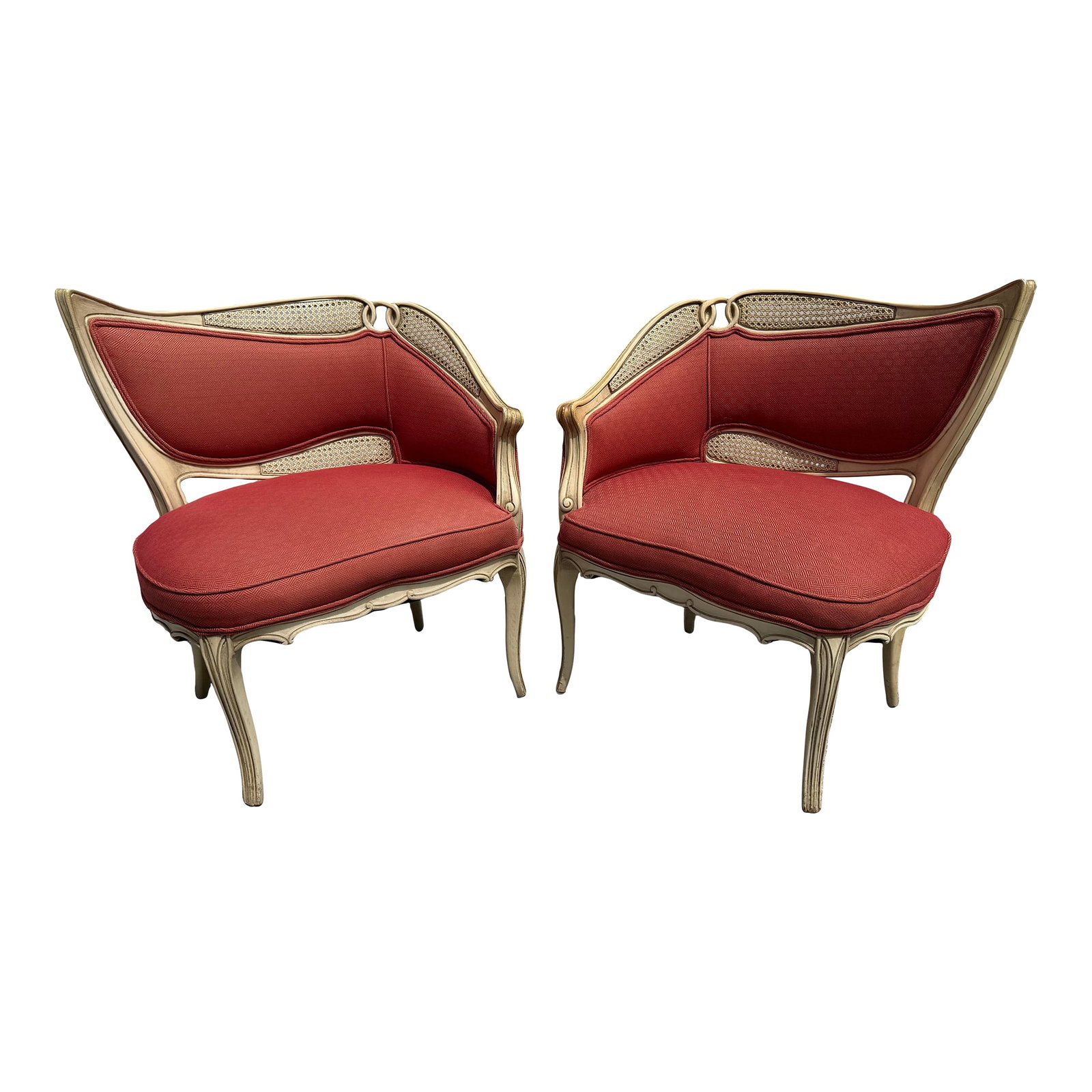 1940s French Provincial Fauteuil Carved Wood Upholstered Chairs: Vintage Italian regency fireside chairs original upholstery project frame is in good condition spring are still good measurement approximately is 32 wide x 22 deep x 34 back high x 20 seat high inches