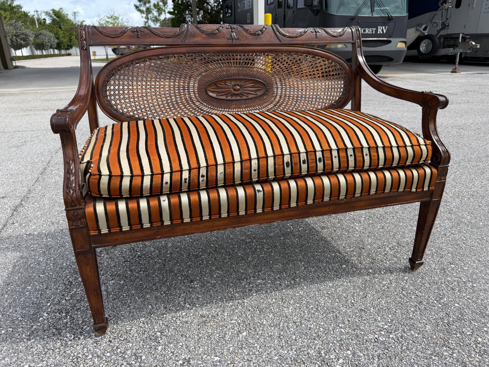 Caned Mahogany Bench/ Settee With Down Cushion - 11