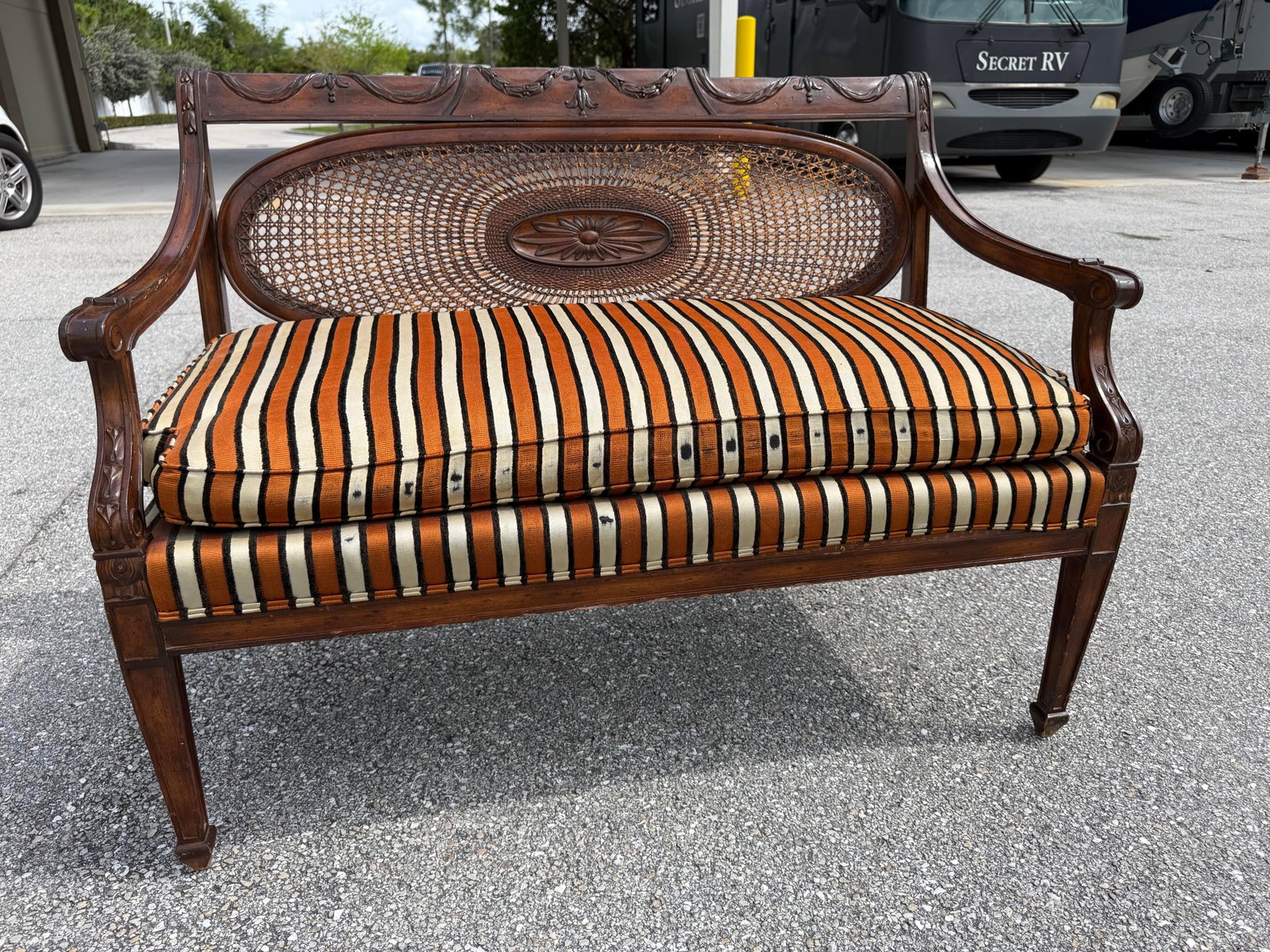 Caned Mahogany Bench/ Settee With Down Cushion - 2