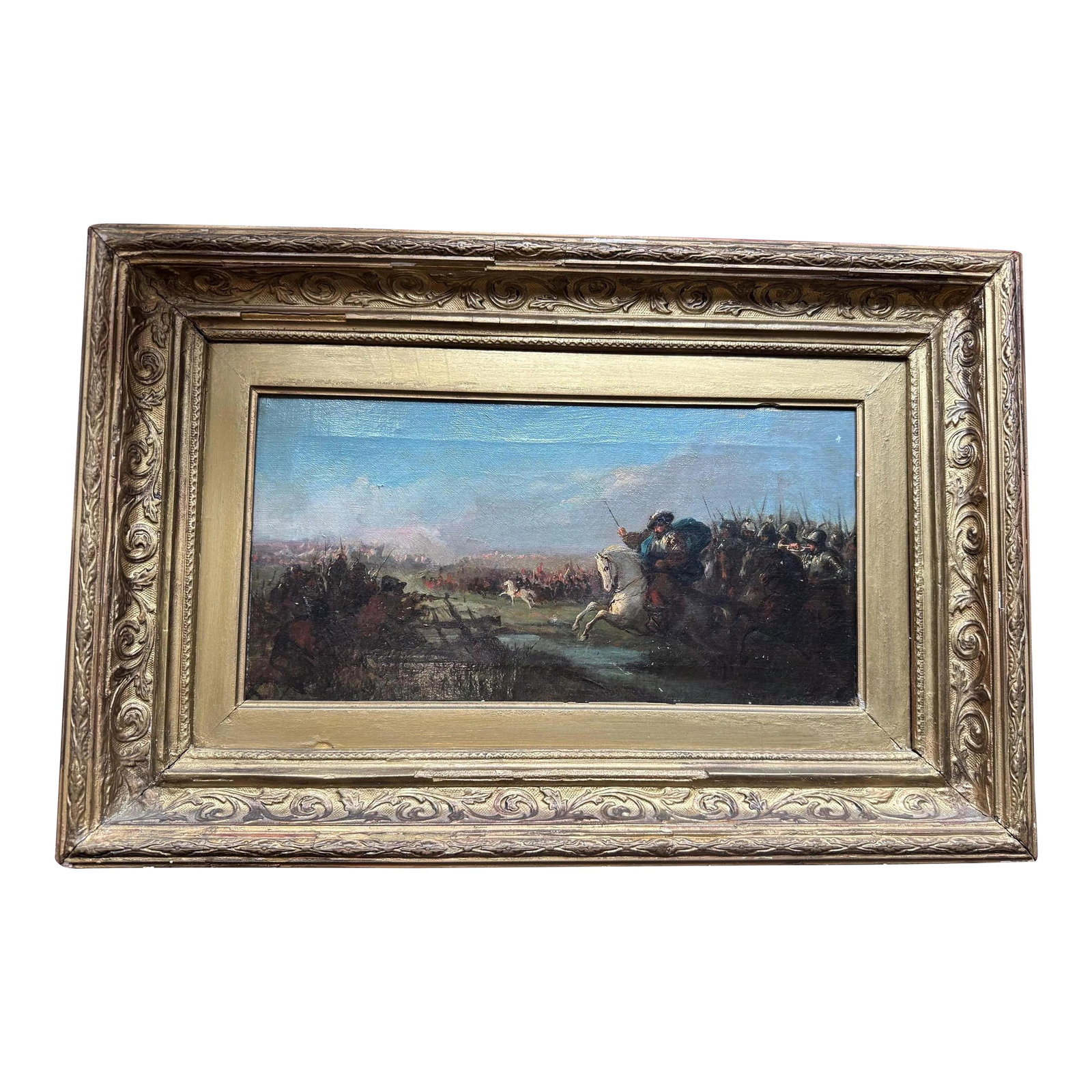 Antique 19th C. Oil Painting European Battlefield WOW!: Stunning antique oil on canvas! 19th century European school. In heavy gold wood & plaster frame. This is such a well done piece- I love the depth in this battlefield- so much happening in the