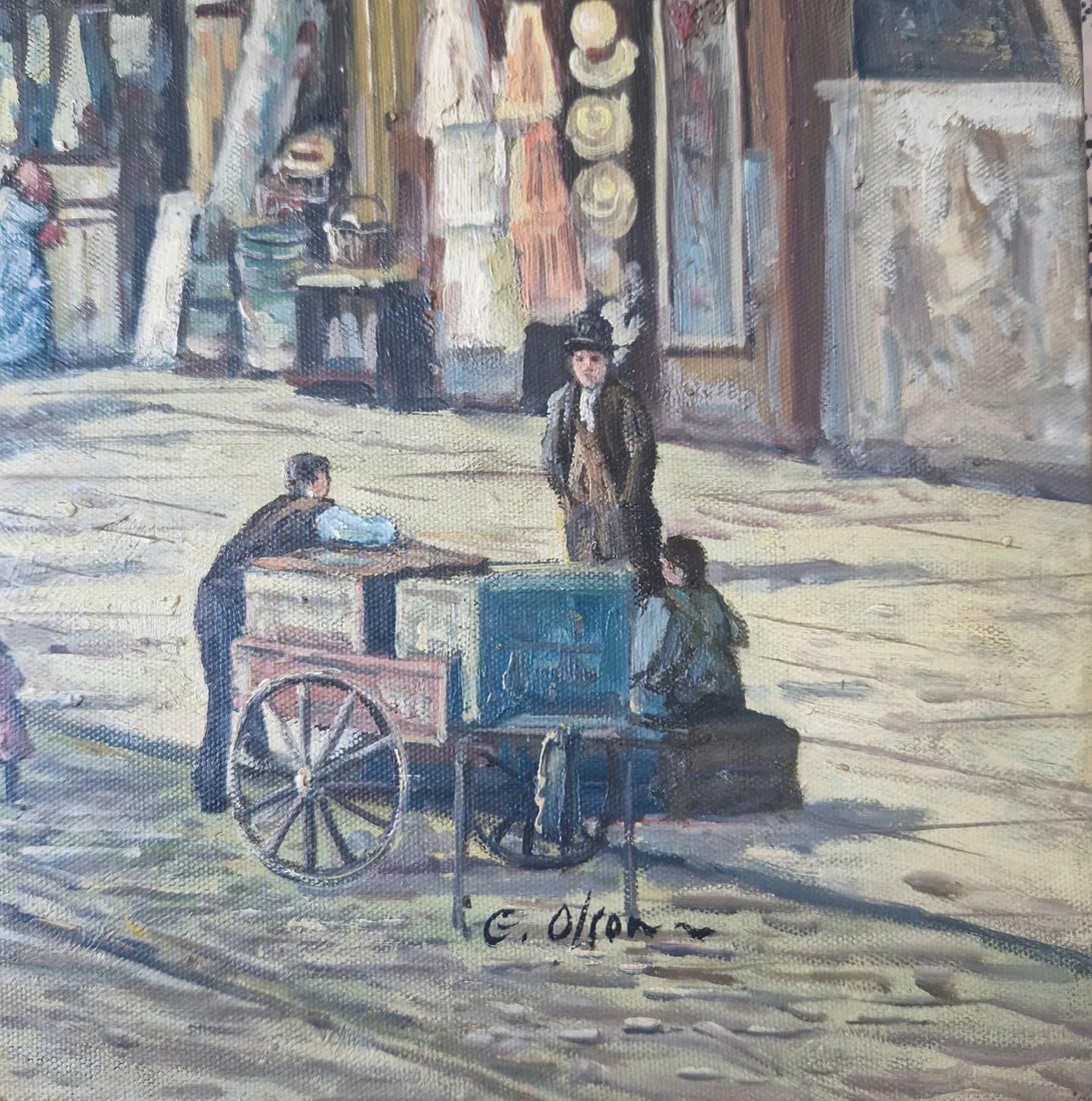 Mid-20th Century Signed E. Olson - Street Scene With Vendor Cart, Oil on Canvas - 3