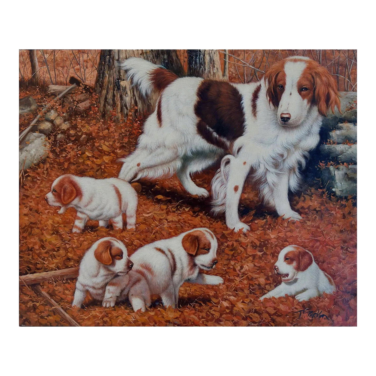 Mid-20th Century Signed T. Parker - Dog With Puppies in Autumn Landscape, Oil on Canvas: Oil on canvas depicting a dog standing among fallen autumn leaves with several puppies nearby. The scene is set in a wooded area with tree trunks, rocks, and ground covered in foliage. The animals