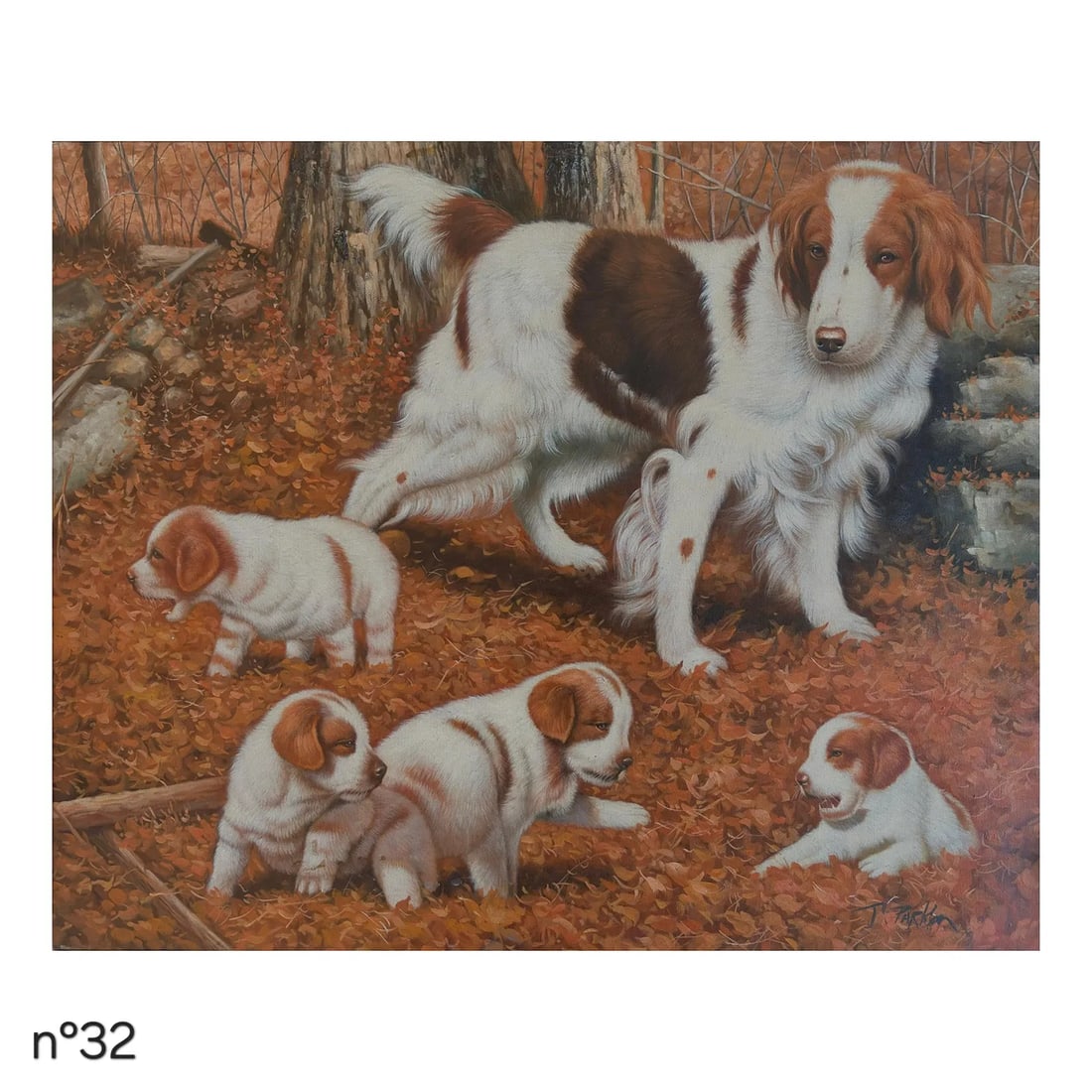 Mid-20th Century Signed T. Parker - Dog With Puppies in Autumn Landscape, Oil on Canvas - 2