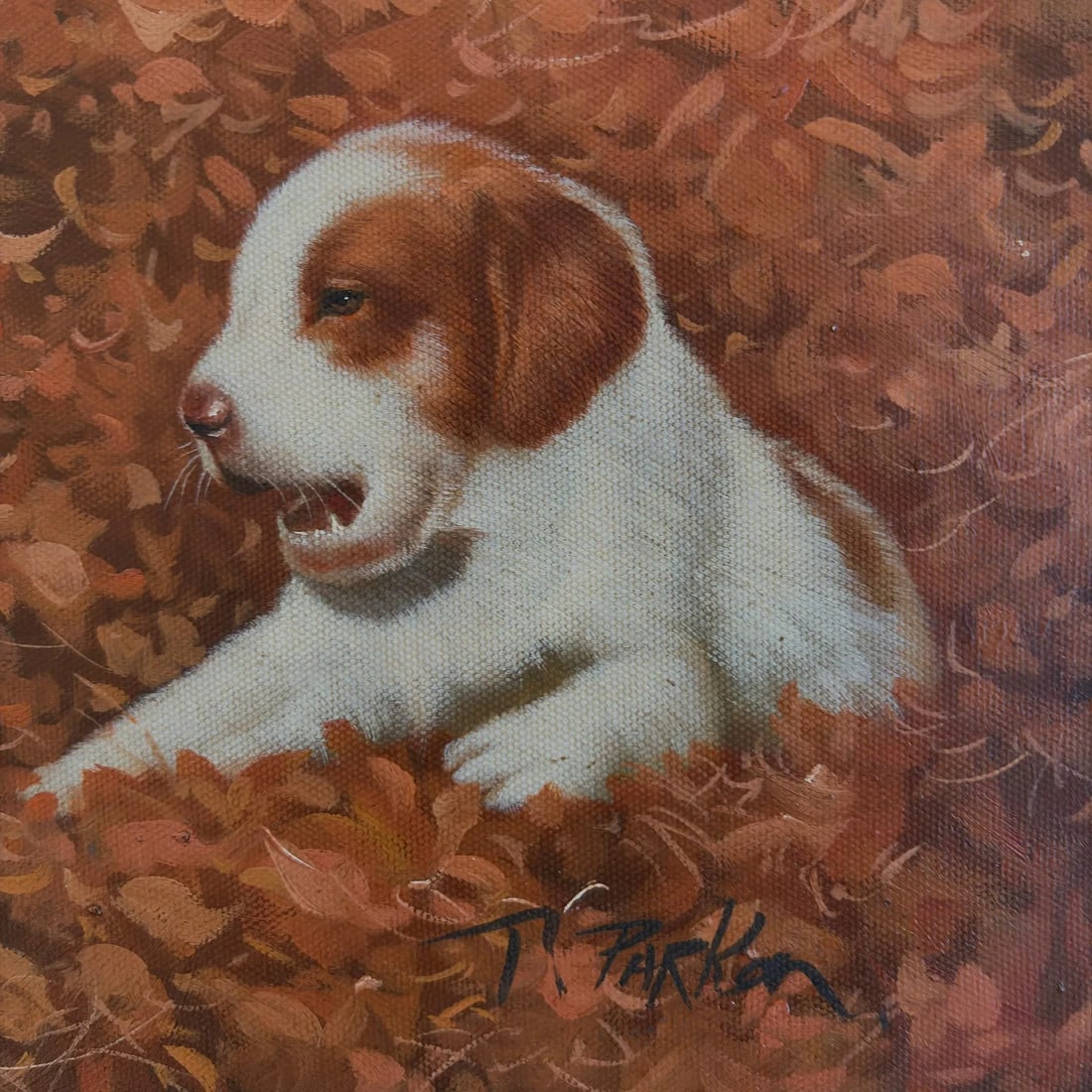 Mid-20th Century Signed T. Parker - Dog With Puppies in Autumn Landscape, Oil on Canvas - 3