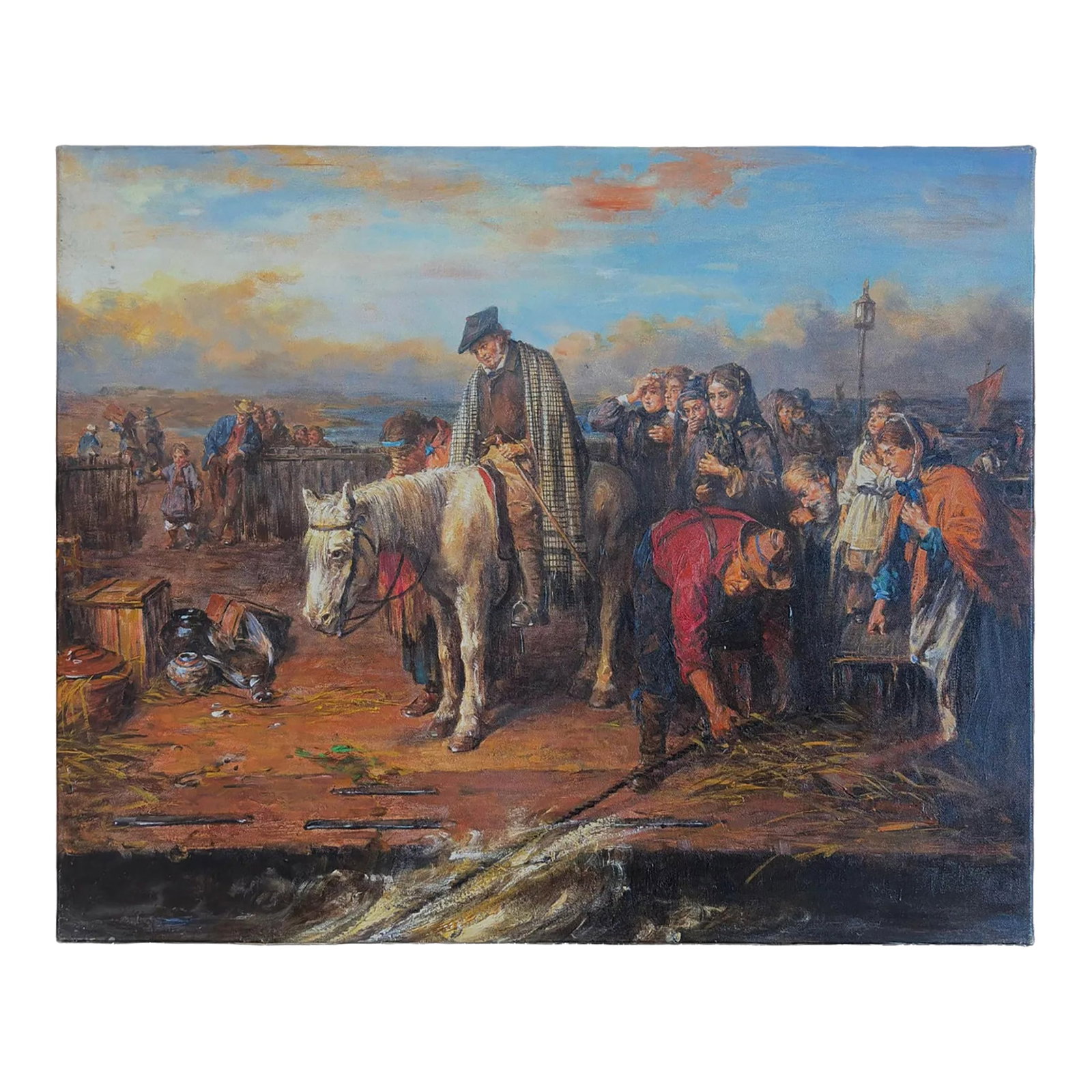 Mid-20th Century Signed, Continental School - Figures at a Waterside Market, Oil on Canvas: Oil on canvas depicting a group of figures gathered along a waterfront scene, including a man on horseback and others engaged in activity near the water's edge. The composition includes multiple