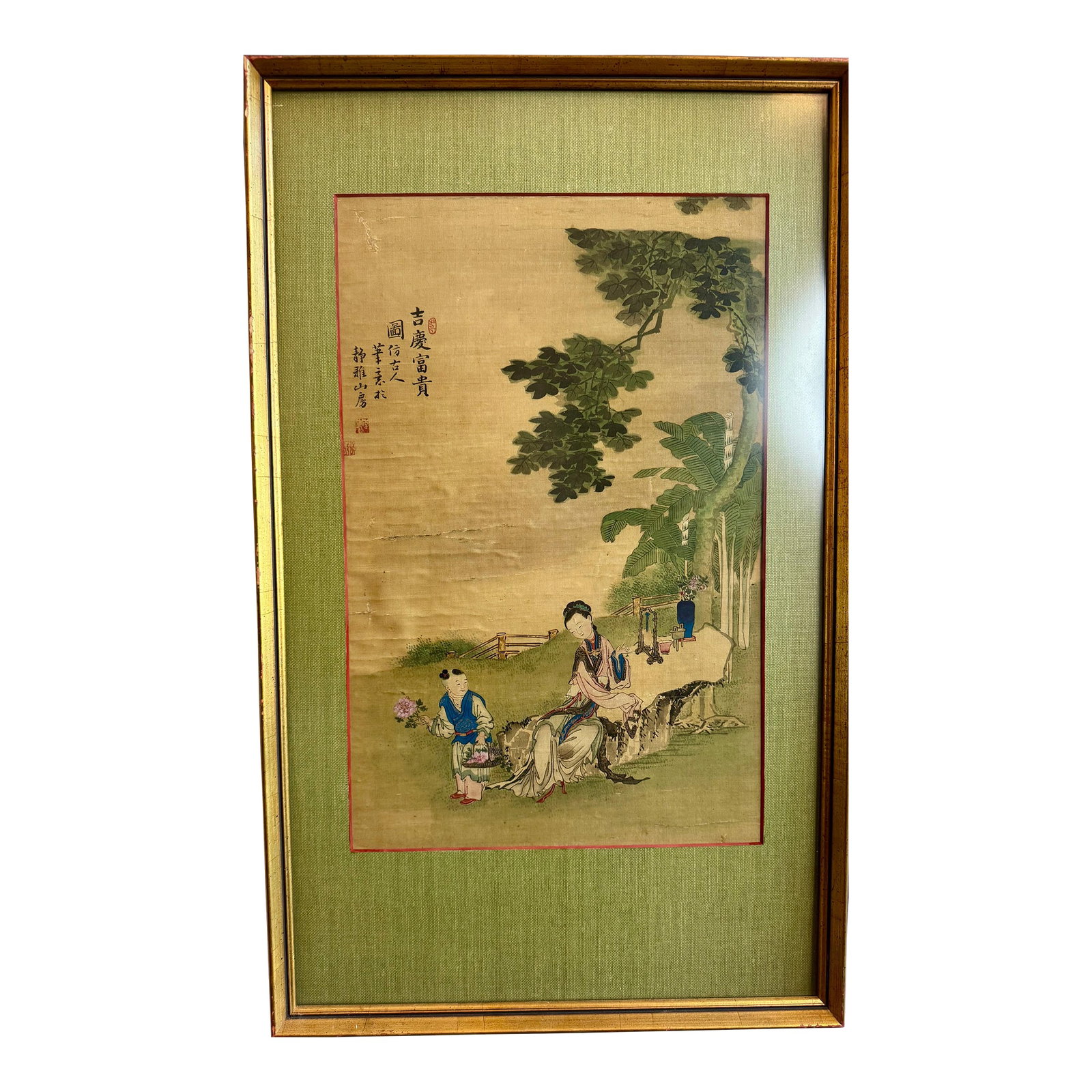 Antique Asian Painting on Silk: Antique asian painting on silk. Framed, matted and ready to hang. Circa early to mid 1800's. Price is firm. 17.5" W x 28.5" L Condition: Alterations: Original Condition Unaltered Imperfections: Some I