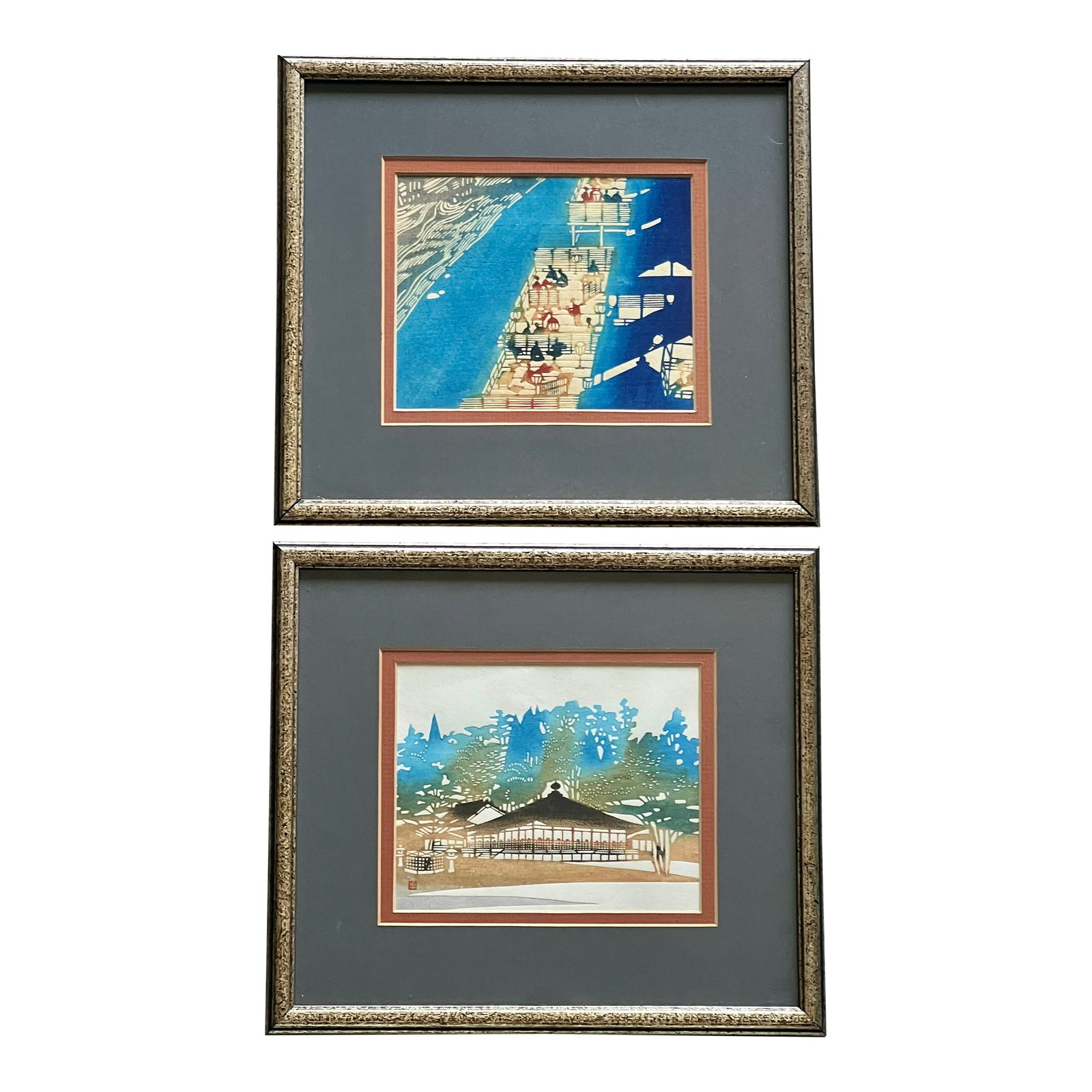 Pair of Vintage Japanese Woodblock Prints, Nenjiro Inagaki (1902-1963): This listing is for a pair of framed 1950s Japanese semi-abstract woodblock prints by Nenjiro Inagaki (1902-1963). Inagaki was a famous kimono designer. He received the highest honor as an artist,