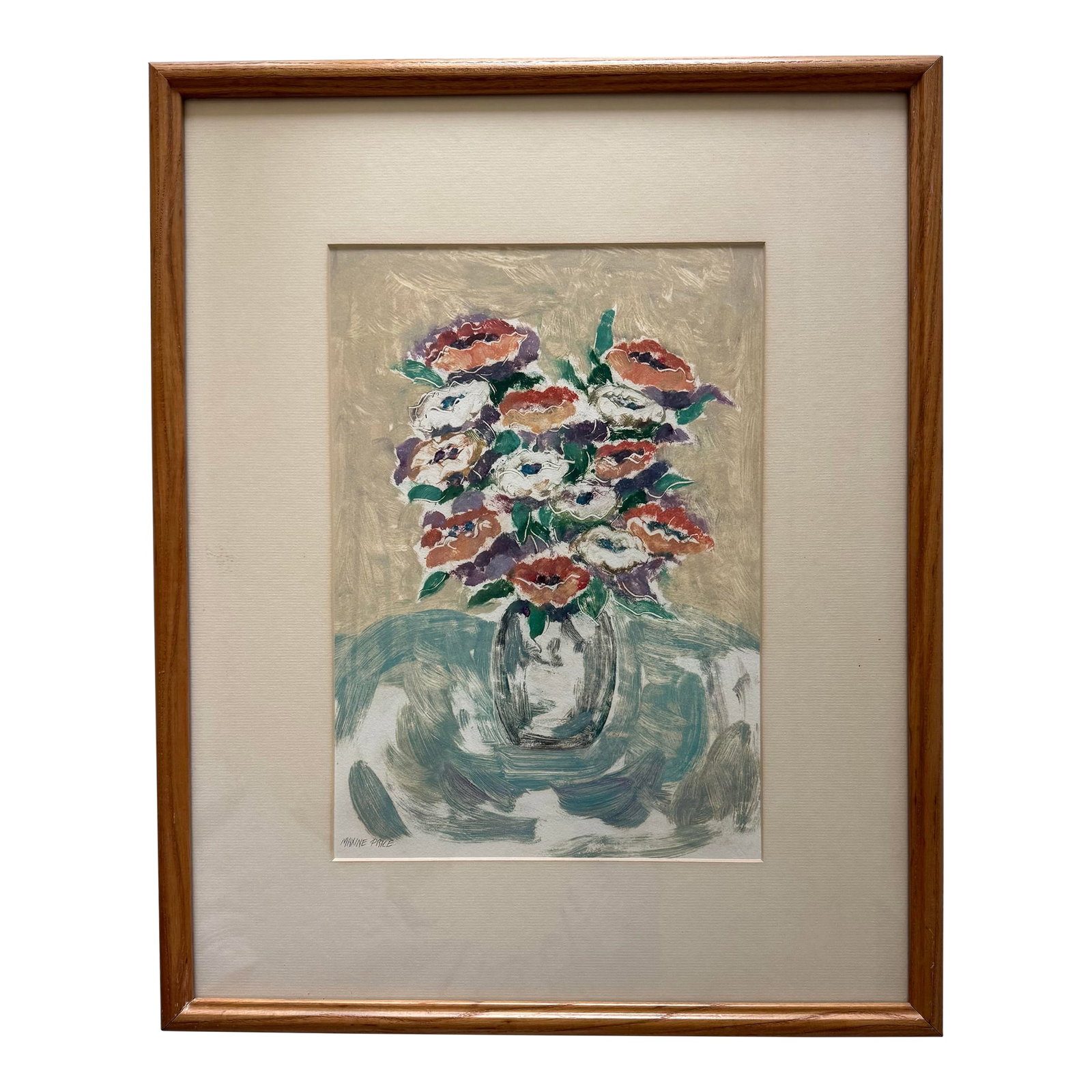 Vintage Framed Floral Still Life Painting: Vintage impressionist floral still life painting featuring a vase of flowers on a table using loose brushwork. Framed in a wood frame. Signed by Maxine Price. Site measures 9.5"w x 13.5"h Condition: A