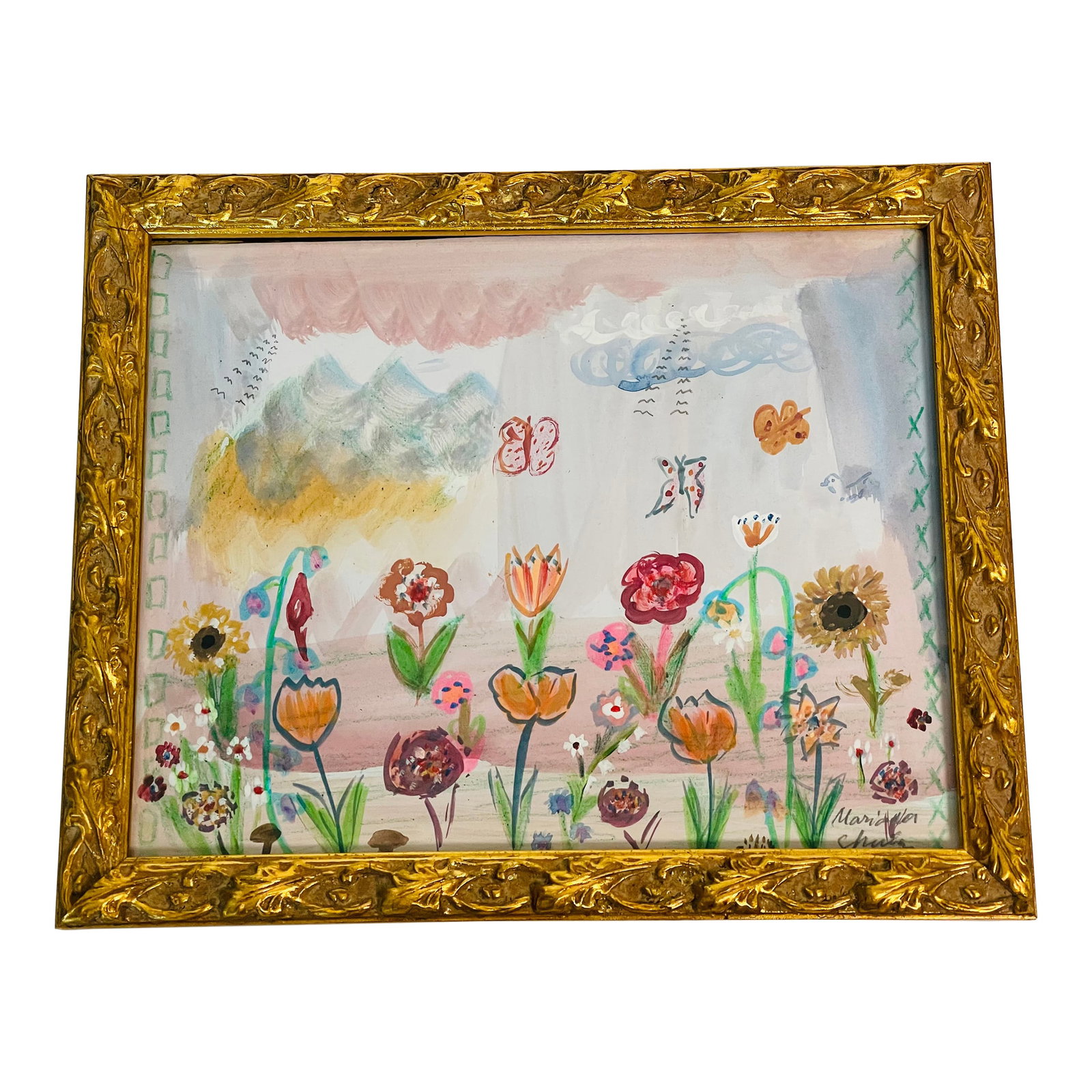 1970s Contemporary Mixed Media Naive Floral Painting Gold Frame: Original acrylic on paper with colored crayons and markers naive folk art floral painting in a profiled gold frame. Signed lower right Mariana Shulga. Condition: Alterations: Original Condition Unalte