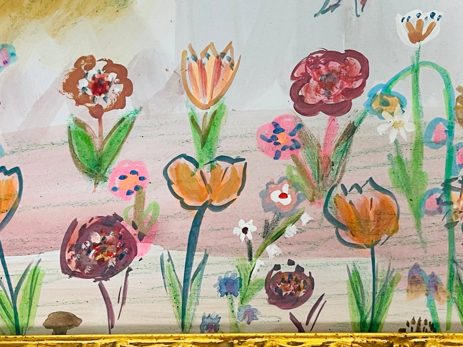 1970s Contemporary Mixed Media Naive Floral Painting Gold Frame - 2