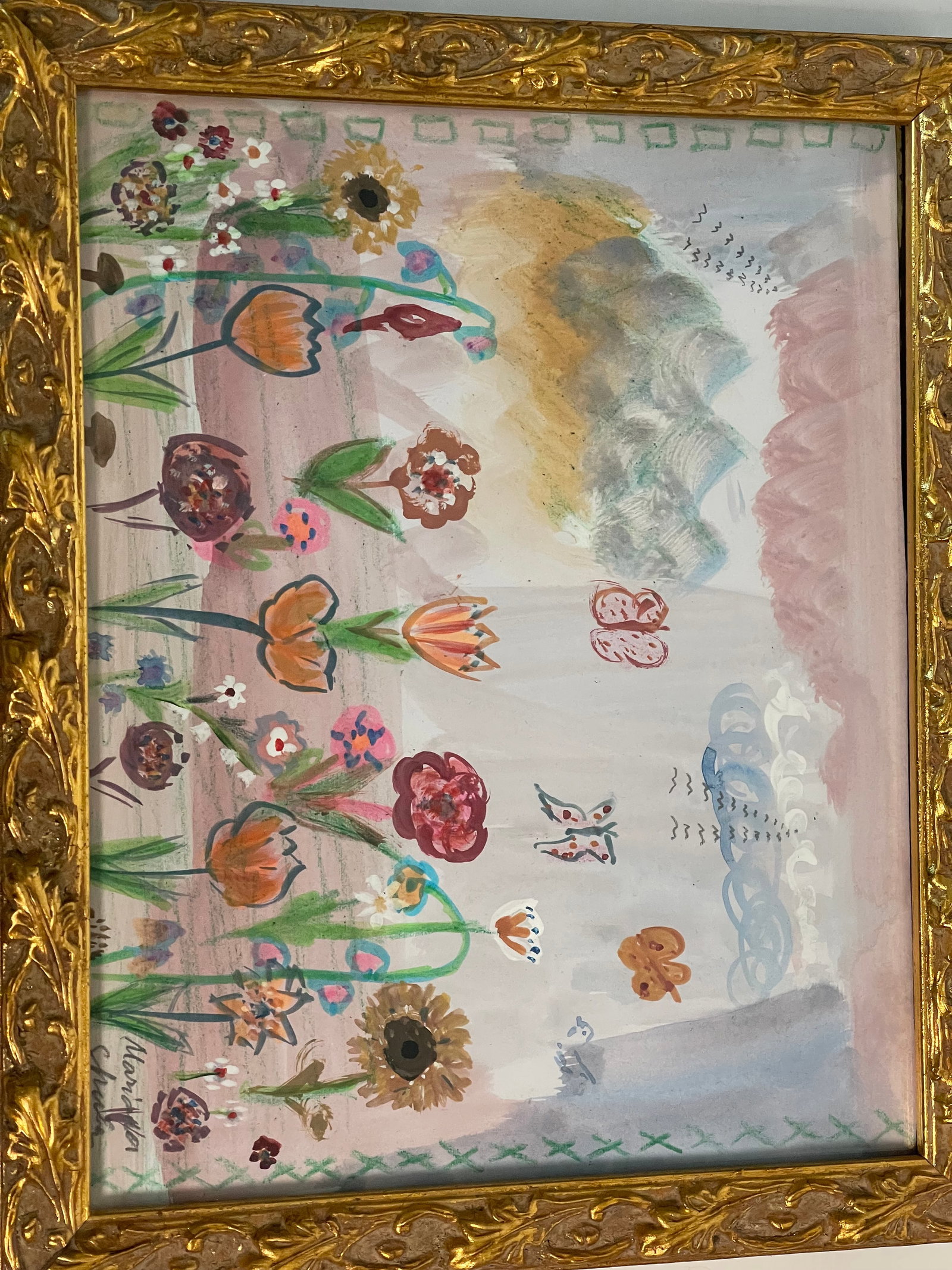 1970s Contemporary Mixed Media Naive Floral Painting Gold Frame - 3
